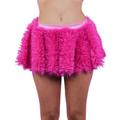 Spandex polyester faux-fur skirt miniskirt mini-skirt circle-skirt flared flared-silhouette dramatic-fluff pull-on pull-over pullover soft comfortable furry fluffy fuzzy shag shaggy glitter-waistband playful bold daring dramatic cozy fabulous fashion fashionista festival costume cosplay halloween club clubbing raver rave-wear raver-babe female femme feminine women pink hot-pink glitter 