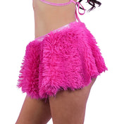 Spandex polyester faux-fur skirt miniskirt mini-skirt circle-skirt flared flared-silhouette dramatic-fluff pull-on pull-over pullover soft comfortable furry fluffy fuzzy shag shaggy glitter-waistband playful bold daring dramatic cozy fabulous fashion fashionista festival costume cosplay halloween club clubbing raver rave-wear raver-babe female femme feminine women pink hot-pink glitter 