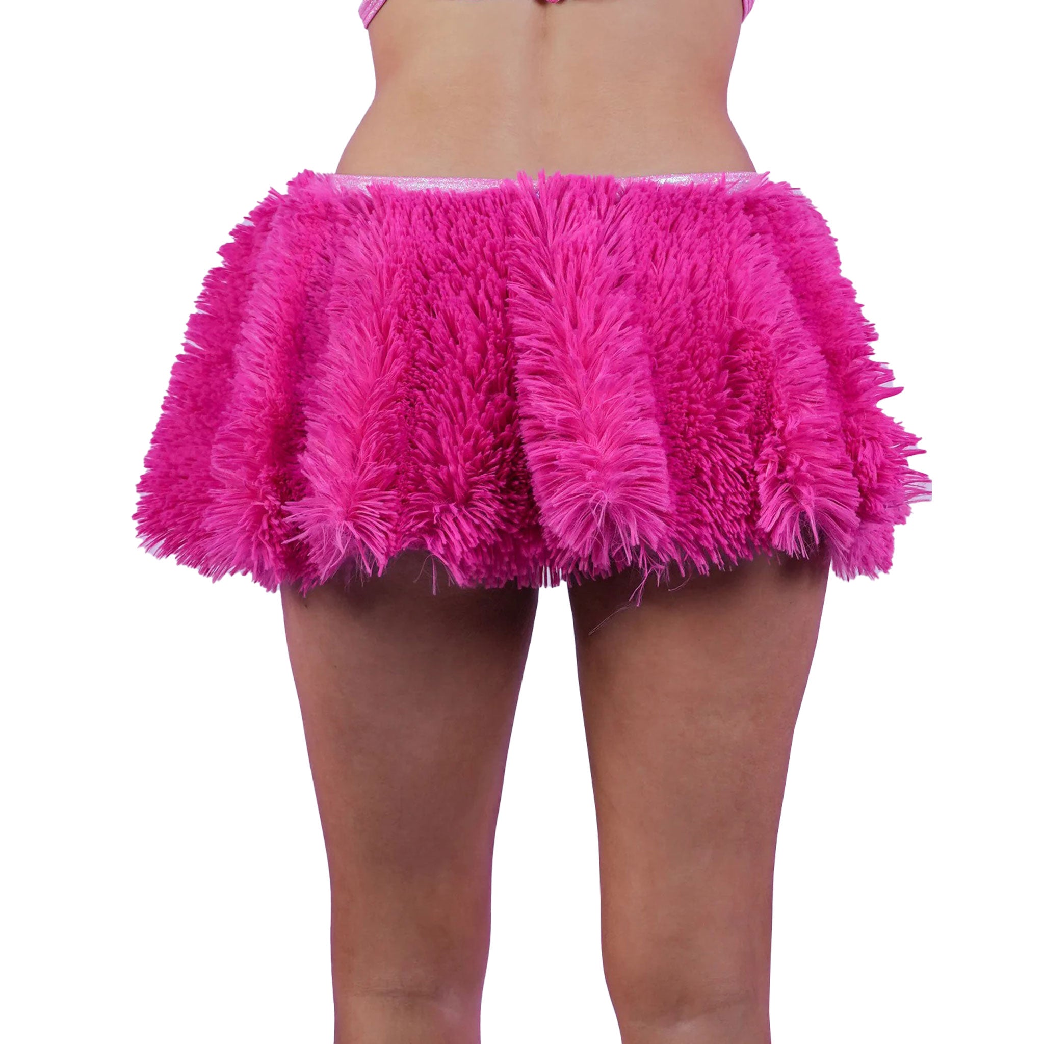 Spandex polyester faux-fur skirt miniskirt mini-skirt circle-skirt flared flared-silhouette dramatic-fluff pull-on pull-over pullover soft comfortable furry fluffy fuzzy shag shaggy glitter-waistband playful bold daring dramatic cozy fabulous fashion fashionista festival costume cosplay halloween club clubbing raver rave-wear raver-babe female femme feminine women pink hot-pink glitter 