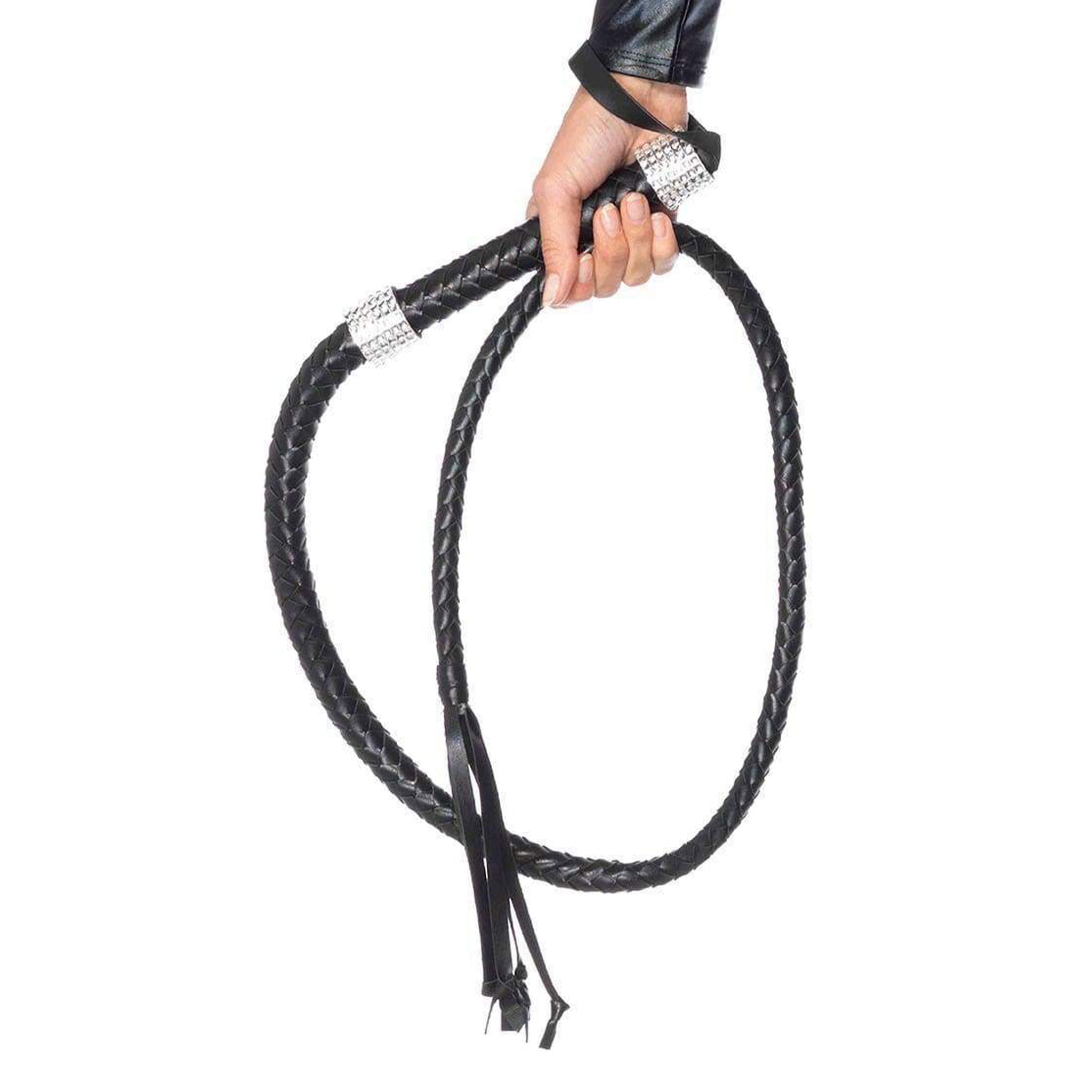 Faux-leather leatherette rhinestones whip flogger braided-leather braided accented tassels long wristlet handle-loop 
spicy sexy dazzling naughty playful bdsm sadism masochism domination kink kinky kinky-play impact impact-play impact-toys bedroom-weapons costume cosplay halloween catwoman cat-woman lion-tamer black 