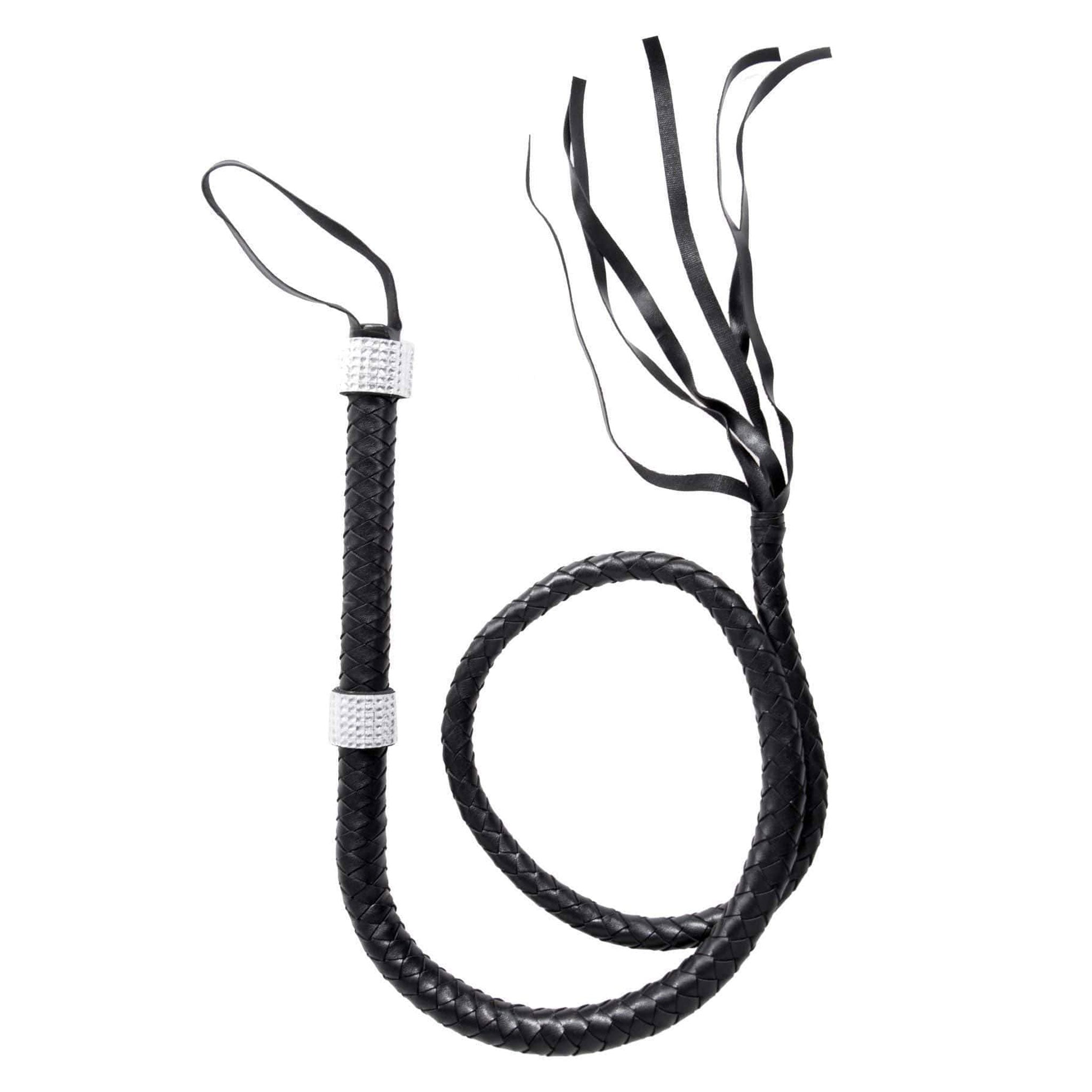 Faux-leather leatherette rhinestones whip flogger braided-leather braided accented tassels long wristlet handle-loop 
spicy sexy dazzling naughty playful bdsm sadism masochism domination kink kinky kinky-play impact impact-play impact-toys bedroom-weapons costume cosplay halloween catwoman cat-woman lion-tamer black 