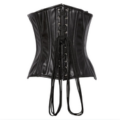 faux leather underwire waist cincher corset, steel boned black corset with front busk closure, underbust shaping corset with modesty panel, lace up corset cincher with spiral and static bones, fetish faux leather corset waist trainer