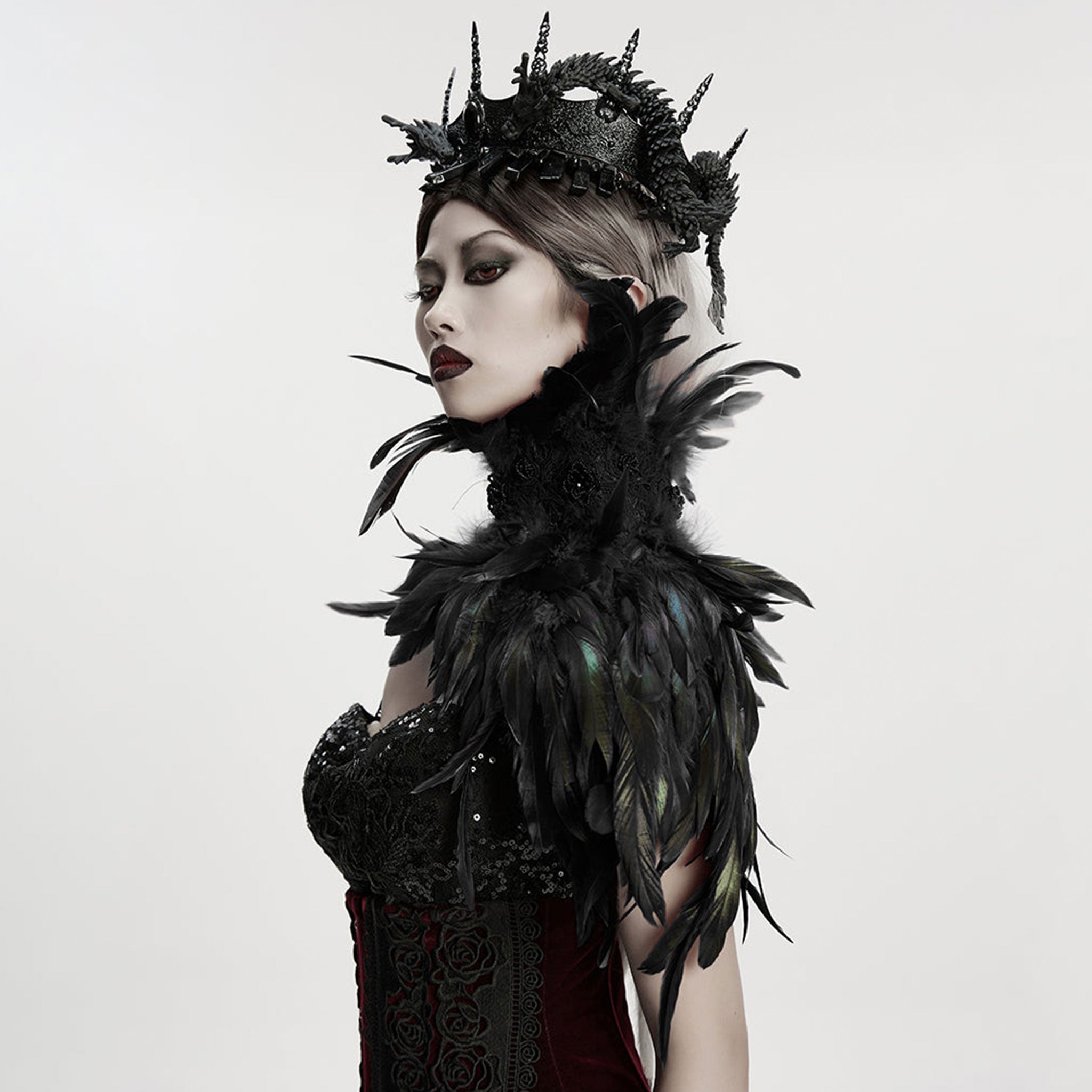 Feathers feathered dyed-feathers satin polyester polyamide lace acrylic-beads satin-ribbon accessories collar choker shoulder neckpiece neck-piece neck-collar neck-choker tie-on asymmetrical flowing cascade cascading elegance elegant theatrical allure alluring dramatic drama luxury luxurious soft standout striking fetish fashion alt-fashion goth gothic avant-garde unique costume cosplay fancy classy party natural animal bird black
