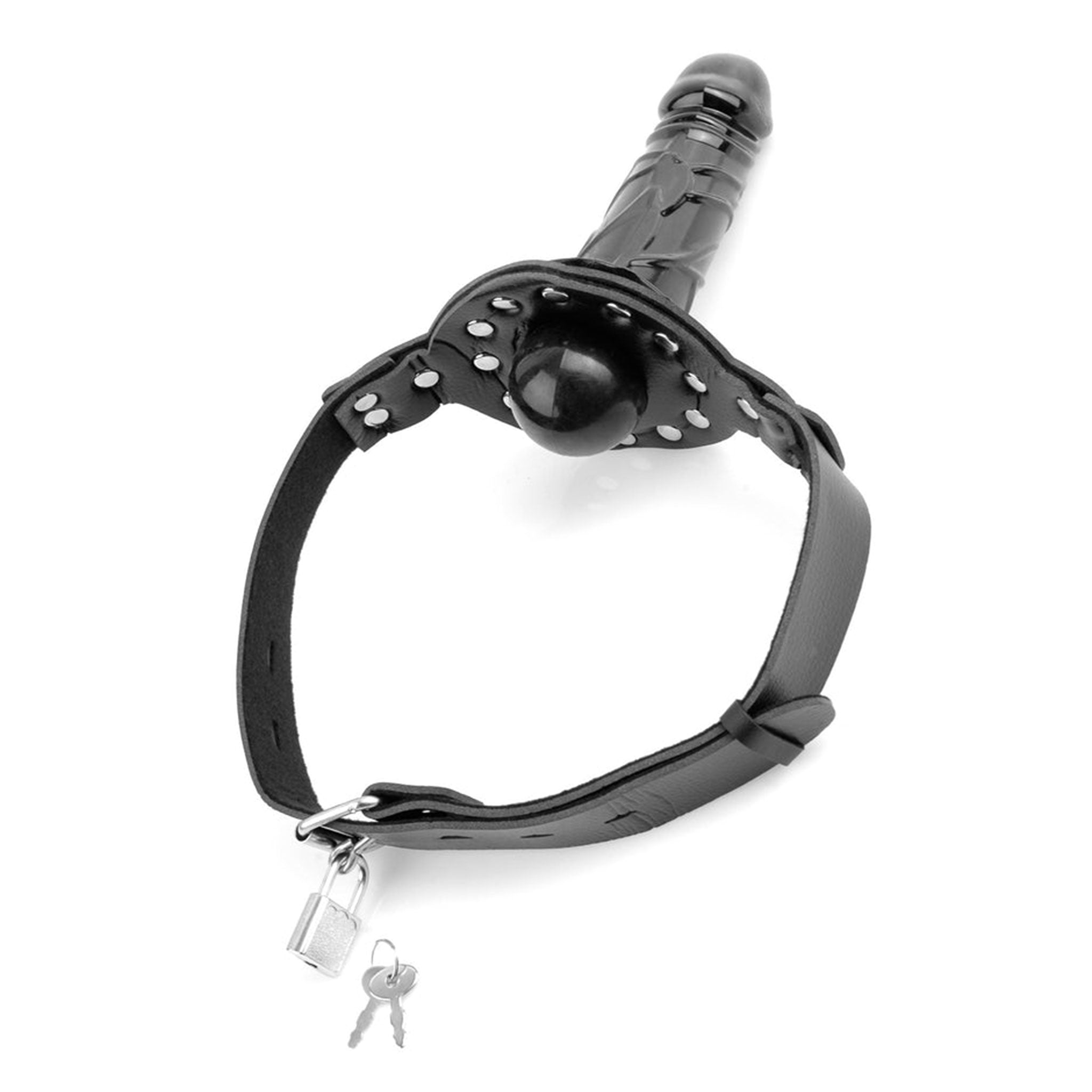 PVC vinyl leather faux-leather gag mouth-gag ball-gag face-dildo face-dong rubber dildo dong dildo-gag chastity deluxe adjustable buckle locking lockable smooth bondage bdsm kink kinky kinky-play adult-toys black