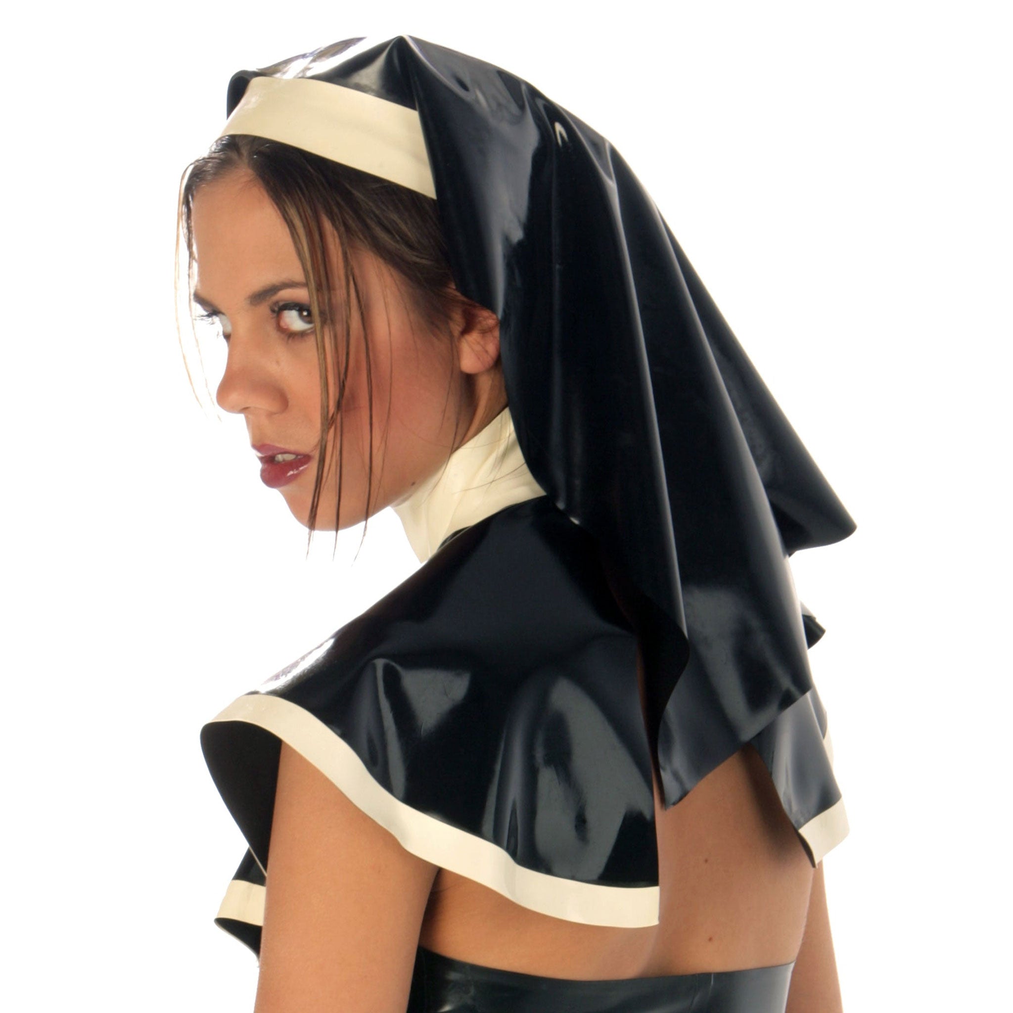 Latex rubber accessories headband headgear veil nun-veil mantle nun-mantle high-neck back-closure shiny glossy sexy wicked naughty fetish fashion alt-fashion alternative bedroom punk goth gothic bondage bdsm bdsm-fashion kink kinky kinkwear roleplay role-play uniform occupation nun catholic-nun naughty-nun sister confession sacrilege costume cosplay halloween novelty female femme feminine womens black-white