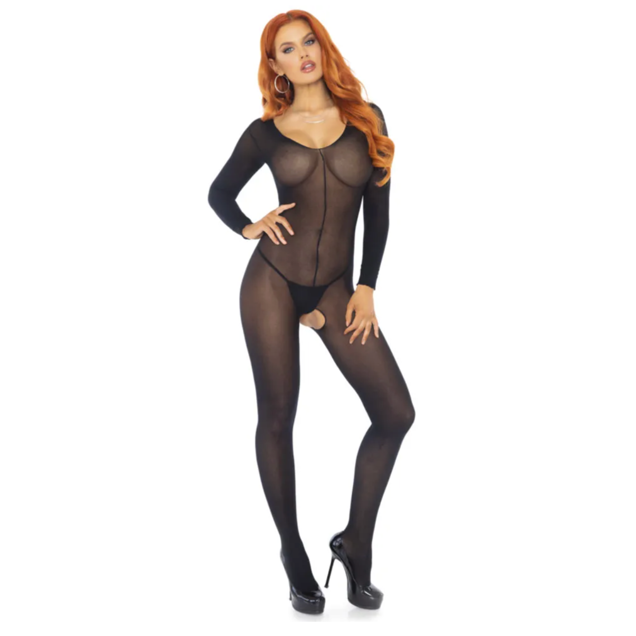 fine mesh bodystocking semi opaque nylon long sleeve scoop neck plunging back open crotch lingerie Fetish Factory sexy bodystockings hosiery one size stretchy sheer lingerie piece