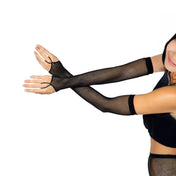 Triangle fishnet opera-length elbow-length fingerless sleeves gloves finger loop arm warmers black
