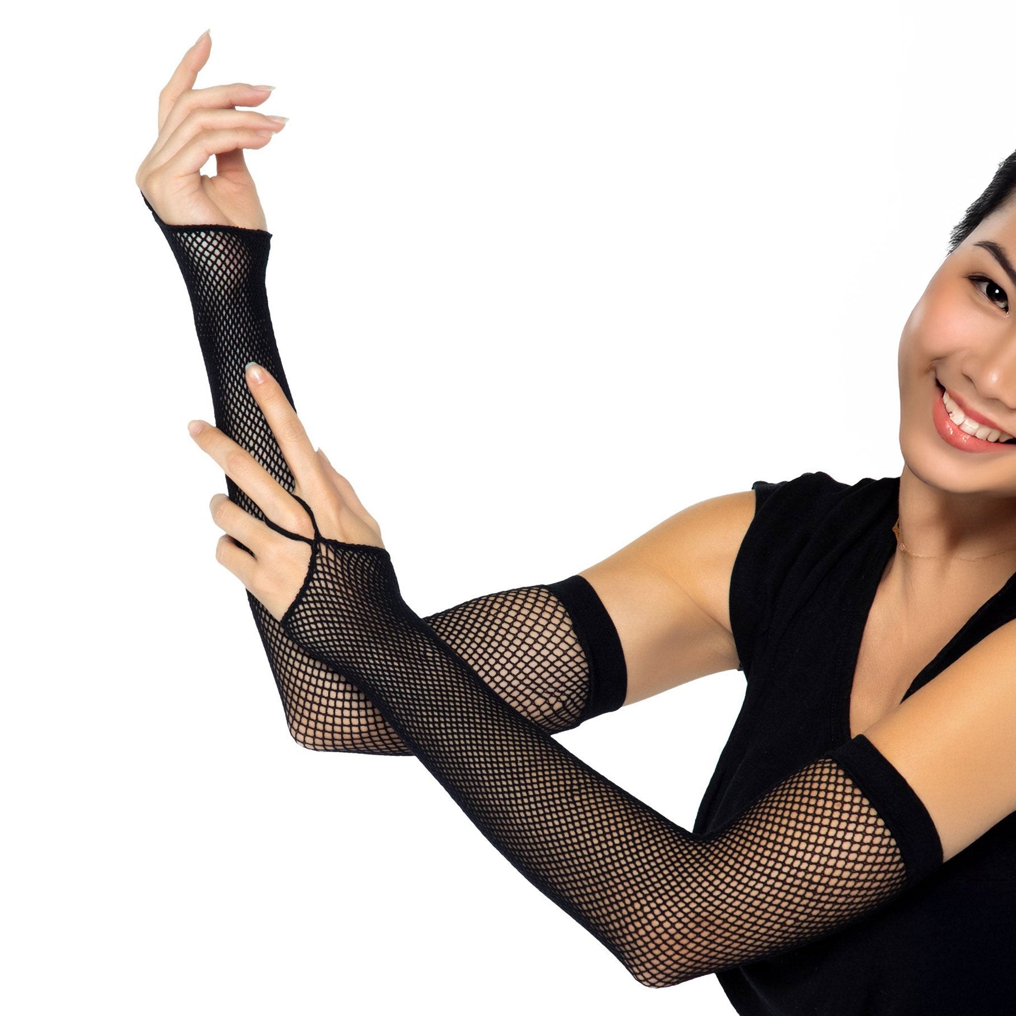 Triangle fishnet opera-length elbow-length fingerless sleeves gloves finger loop arm warmers black