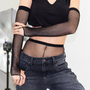 Triangle fishnet opera-length elbow-length fingerless sleeves gloves finger loop arm warmers black