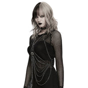 Aluminum-alloy glass gemstone metallic-chain apparel accessories dress harness body-harness hanging-chain skull articulated-jaw adjustable lobster-clasp rebellious elegant layered versatile fetish fashion alt-fashion alternative punk goth gothic cyber cyberpunk costume cosplay halloween skeleton skeletal afterdark-collection female femme feminine womens unisex black tarnish