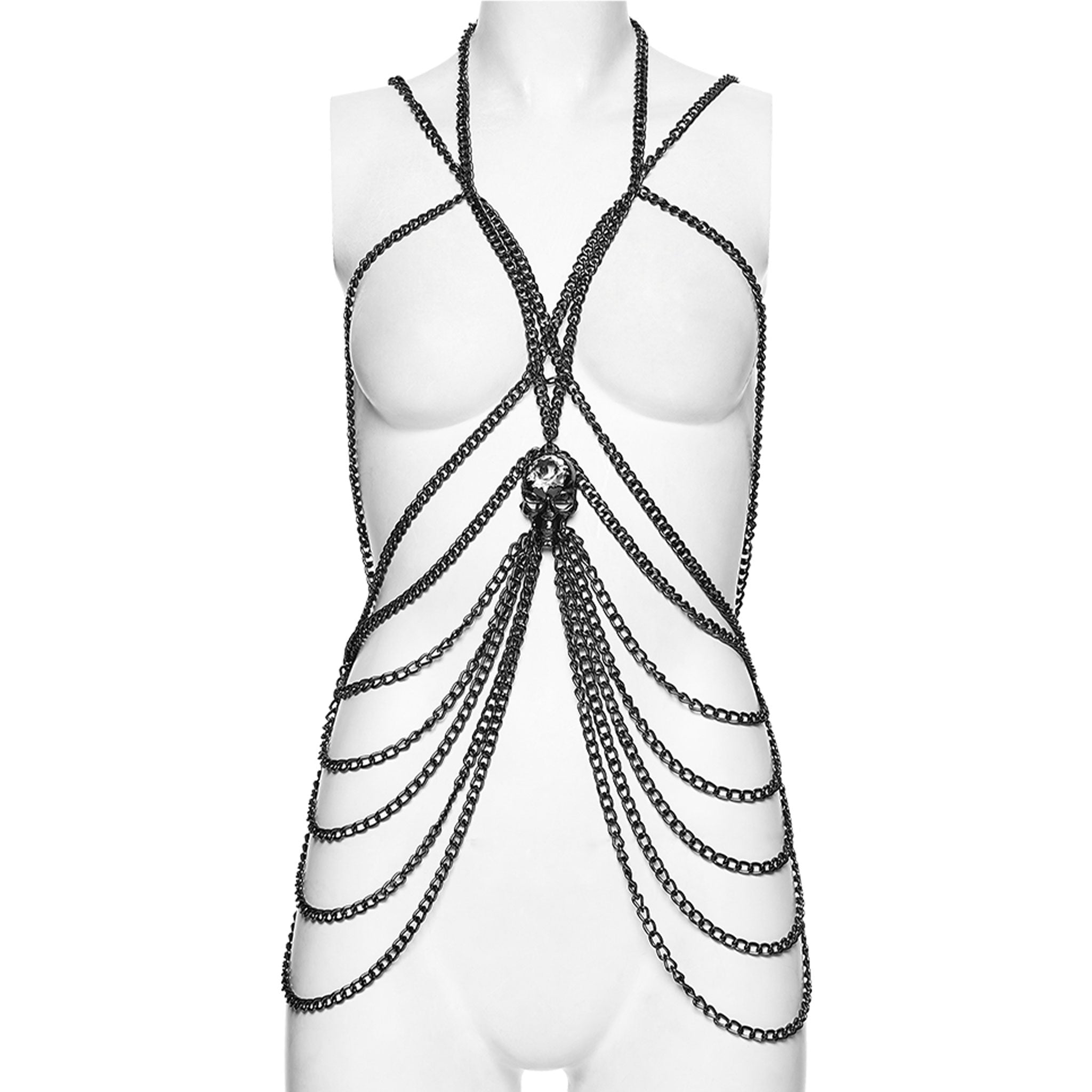 Aluminum-alloy glass gemstone metallic-chain apparel accessories dress harness body-harness hanging-chain skull articulated-jaw adjustable lobster-clasp rebellious elegant layered versatile fetish fashion alt-fashion alternative punk goth gothic cyber cyberpunk costume cosplay halloween skeleton skeletal afterdark-collection female femme feminine womens unisex black tarnish