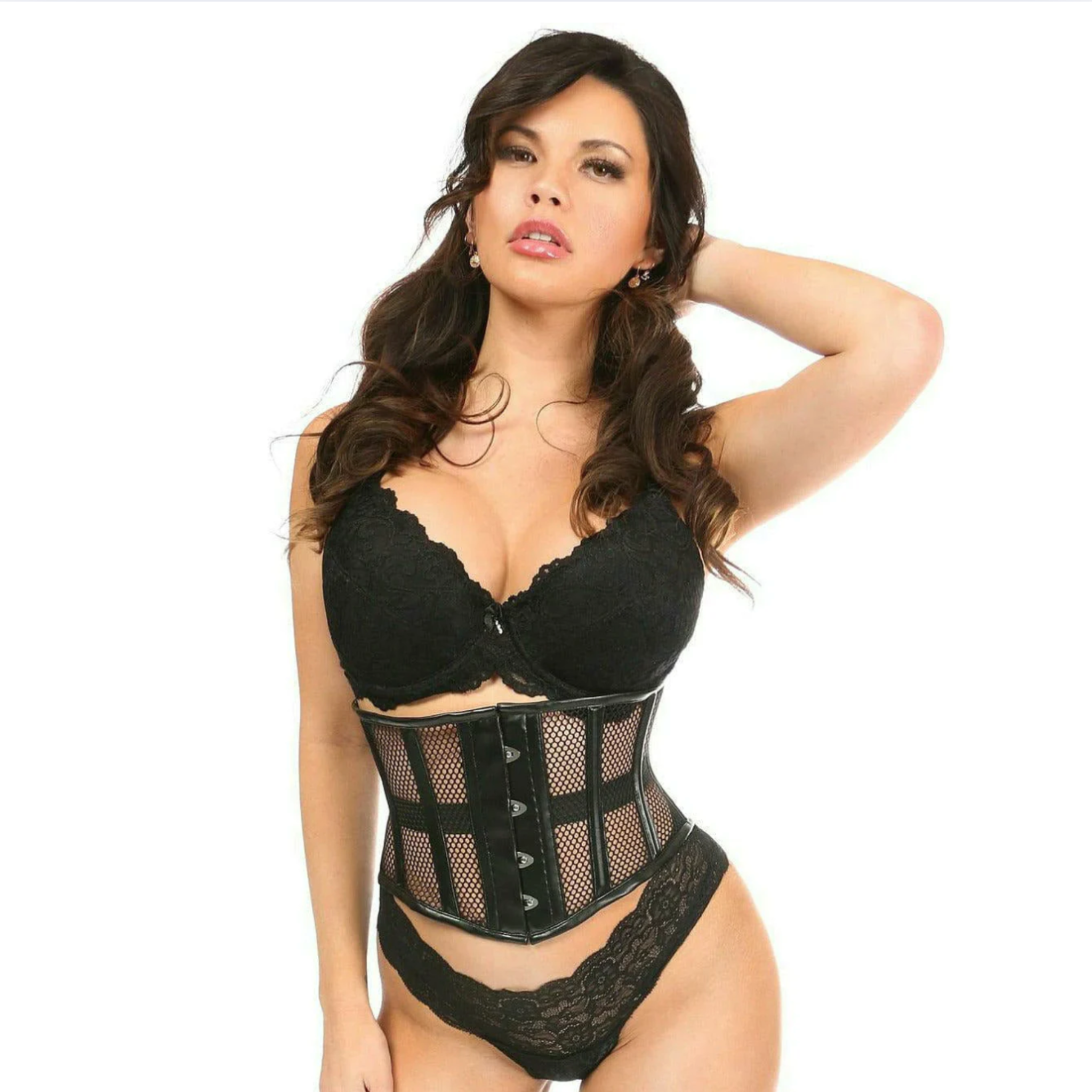steel boned cincher with hook clasp, faux leather fishnet waist cincher, adjustable corset with hook clasp, underbust steel bone cincher, waist trainer with modesty panel