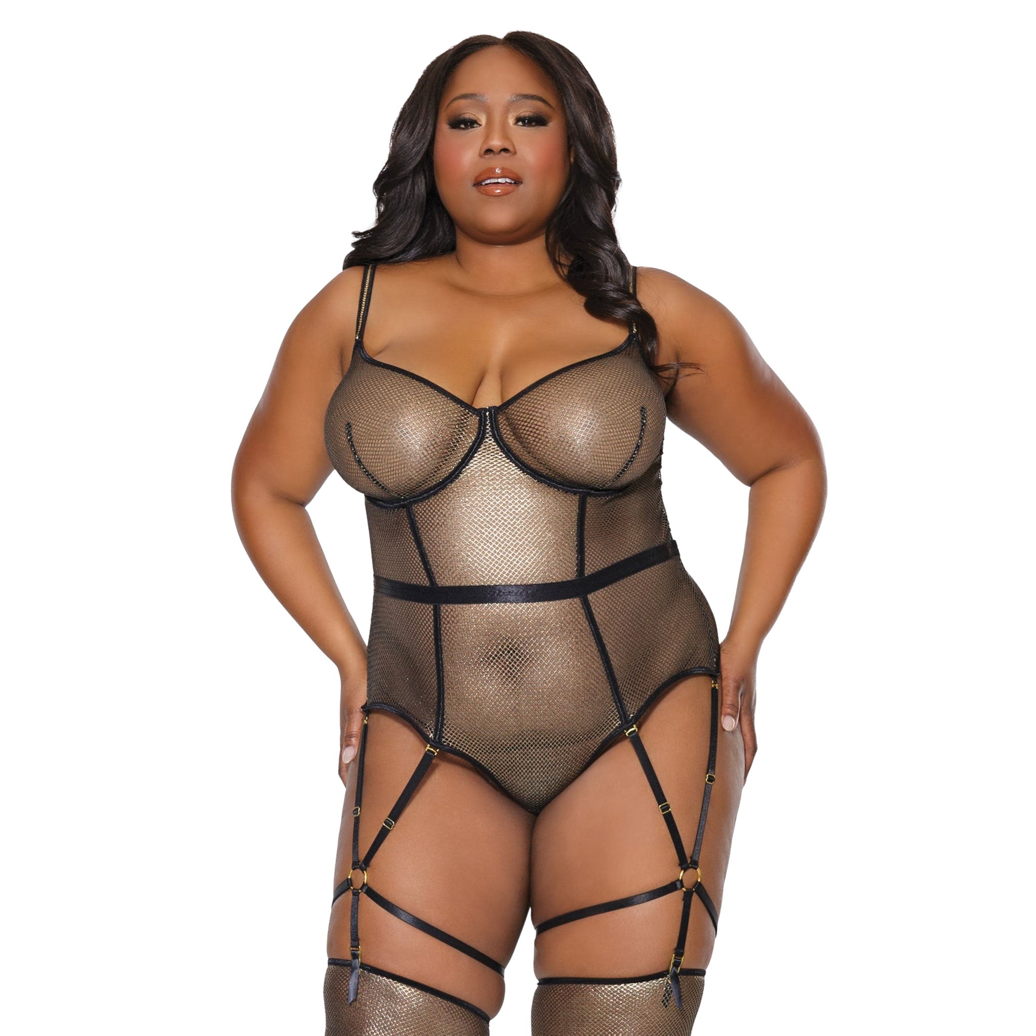 Nylon fishnet elastic metallic intimates lingerie lingerie-set teddy underwire-support back keyhole hook-and-eye adjustable straps chain removable garters leg-straps seductive show-stopper show-stopping standout female feminine femme women black gold queen plus plus-size