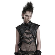 Faux-leather cotton PU elastane polyester apparel tops outerwear vest sleeveless asymmetrical-collar mesh-panel studs studded dome-stud round-stud metal-rivets pointed-shoulders layered-shoulders front-buckle adjustable buckle edgy breathable comfortable rebellious flexible durable soft rugged bold attitude fetish fashion alternative alt-fashion punk goth gothic cyberpunk steampunk costume cosplay halloween afterdark male masculine masc mens guys dudes black