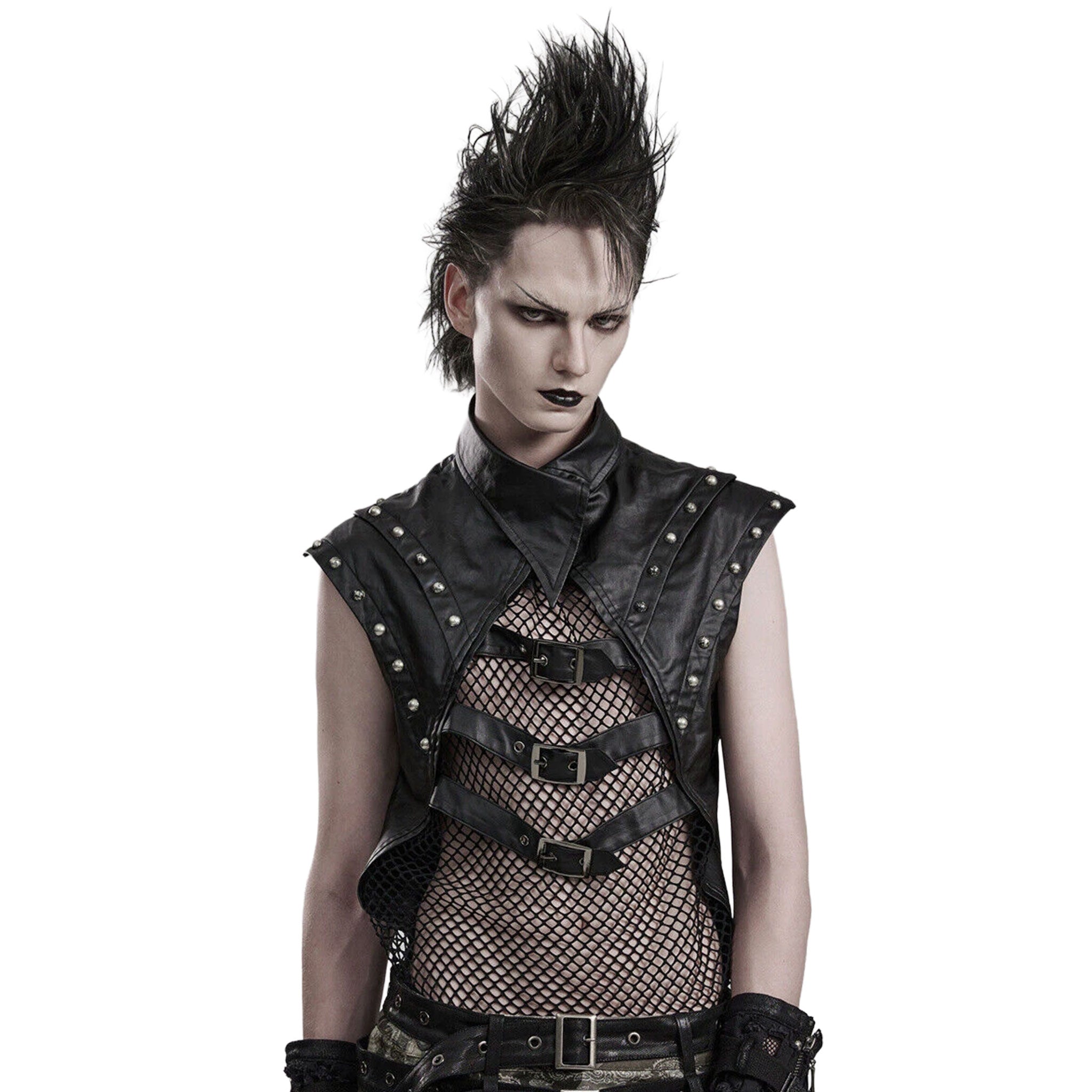 Faux-leather cotton PU elastane polyester apparel tops outerwear vest sleeveless asymmetrical-collar mesh-panel studs studded dome-stud round-stud metal-rivets pointed-shoulders layered-shoulders front-buckle adjustable buckle edgy breathable comfortable rebellious flexible durable soft rugged bold attitude fetish fashion alternative alt-fashion punk goth gothic cyberpunk steampunk costume cosplay halloween afterdark male masculine masc mens guys dudes black