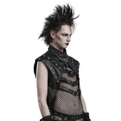 Faux-leather cotton PU elastane polyester apparel tops outerwear vest sleeveless asymmetrical-collar mesh-panel studs studded dome-stud round-stud metal-rivets pointed-shoulders layered-shoulders front-buckle adjustable buckle edgy breathable comfortable rebellious flexible durable soft rugged bold attitude fetish fashion alternative alt-fashion punk goth gothic cyberpunk steampunk costume cosplay halloween afterdark male masculine masc mens guys dudes black