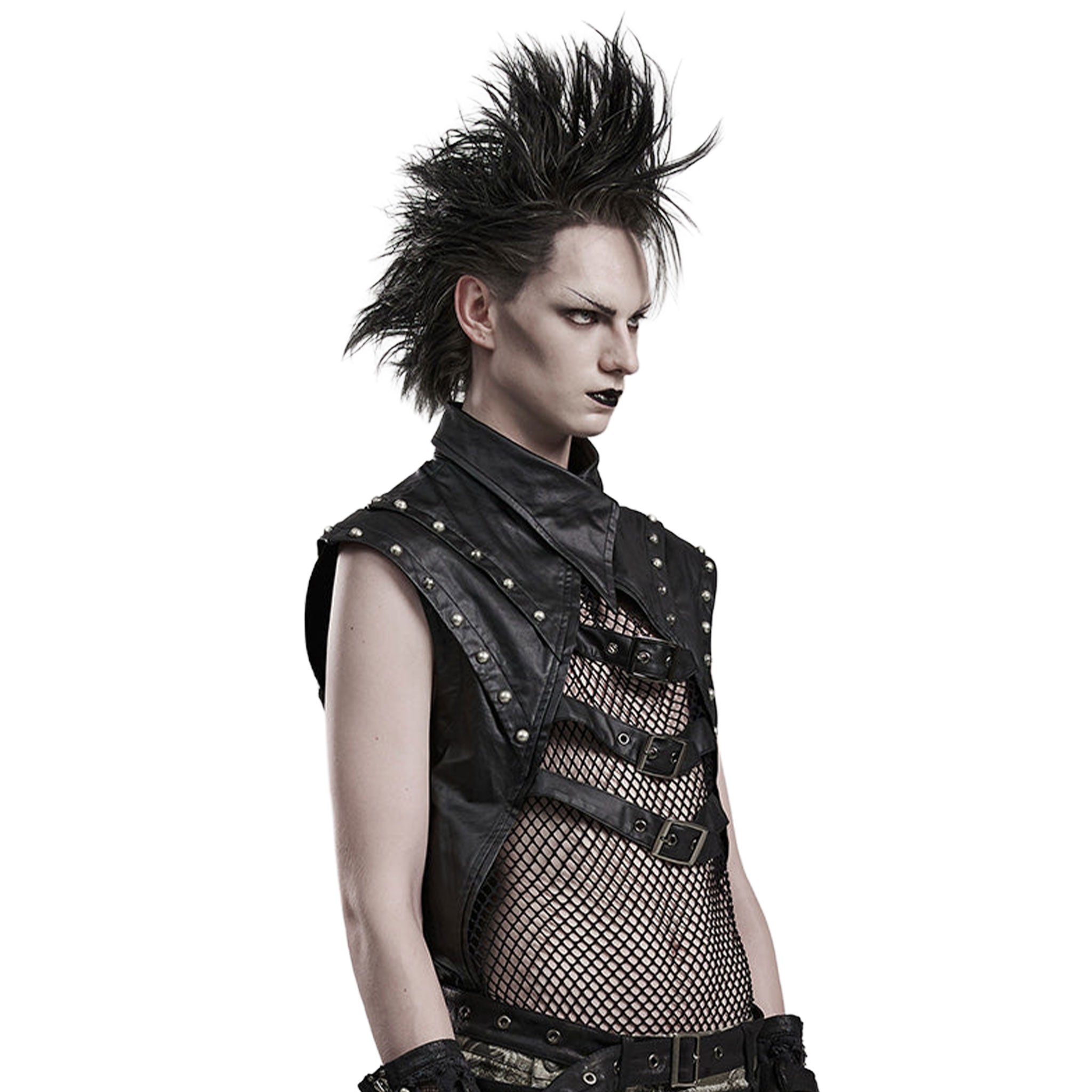 Faux-leather cotton PU elastane polyester apparel tops outerwear vest sleeveless asymmetrical-collar mesh-panel studs studded dome-stud round-stud metal-rivets pointed-shoulders layered-shoulders front-buckle adjustable buckle edgy breathable comfortable rebellious flexible durable soft rugged bold attitude fetish fashion alternative alt-fashion punk goth gothic cyberpunk steampunk costume cosplay halloween afterdark male masculine masc mens guys dudes black
