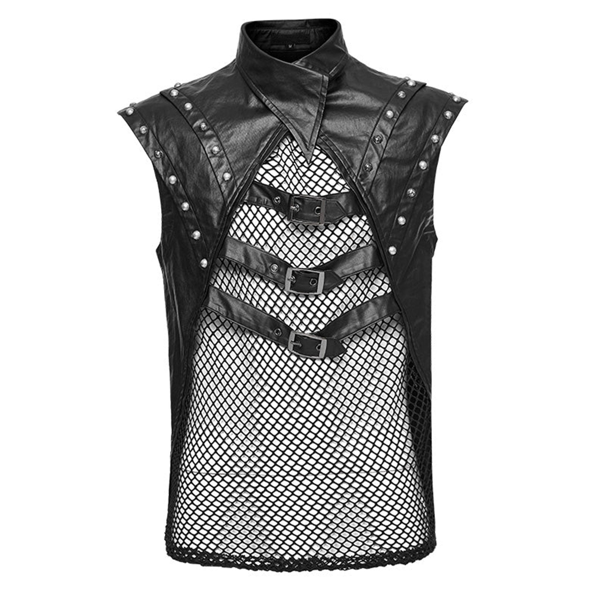 Faux-leather cotton PU elastane polyester apparel tops outerwear vest sleeveless asymmetrical-collar mesh-panel studs studded dome-stud round-stud metal-rivets pointed-shoulders layered-shoulders front-buckle adjustable buckle edgy breathable comfortable rebellious flexible durable soft rugged bold attitude fetish fashion alternative alt-fashion punk goth gothic cyberpunk steampunk costume cosplay halloween afterdark male masculine masc mens guys dudes black