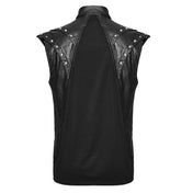 Faux-leather cotton PU elastane polyester apparel tops outerwear vest sleeveless asymmetrical-collar mesh-panel studs studded dome-stud round-stud metal-rivets pointed-shoulders layered-shoulders front-buckle adjustable buckle edgy breathable comfortable rebellious flexible durable soft rugged bold attitude fetish fashion alternative alt-fashion punk goth gothic cyberpunk steampunk costume cosplay halloween afterdark male masculine masc mens guys dudes black