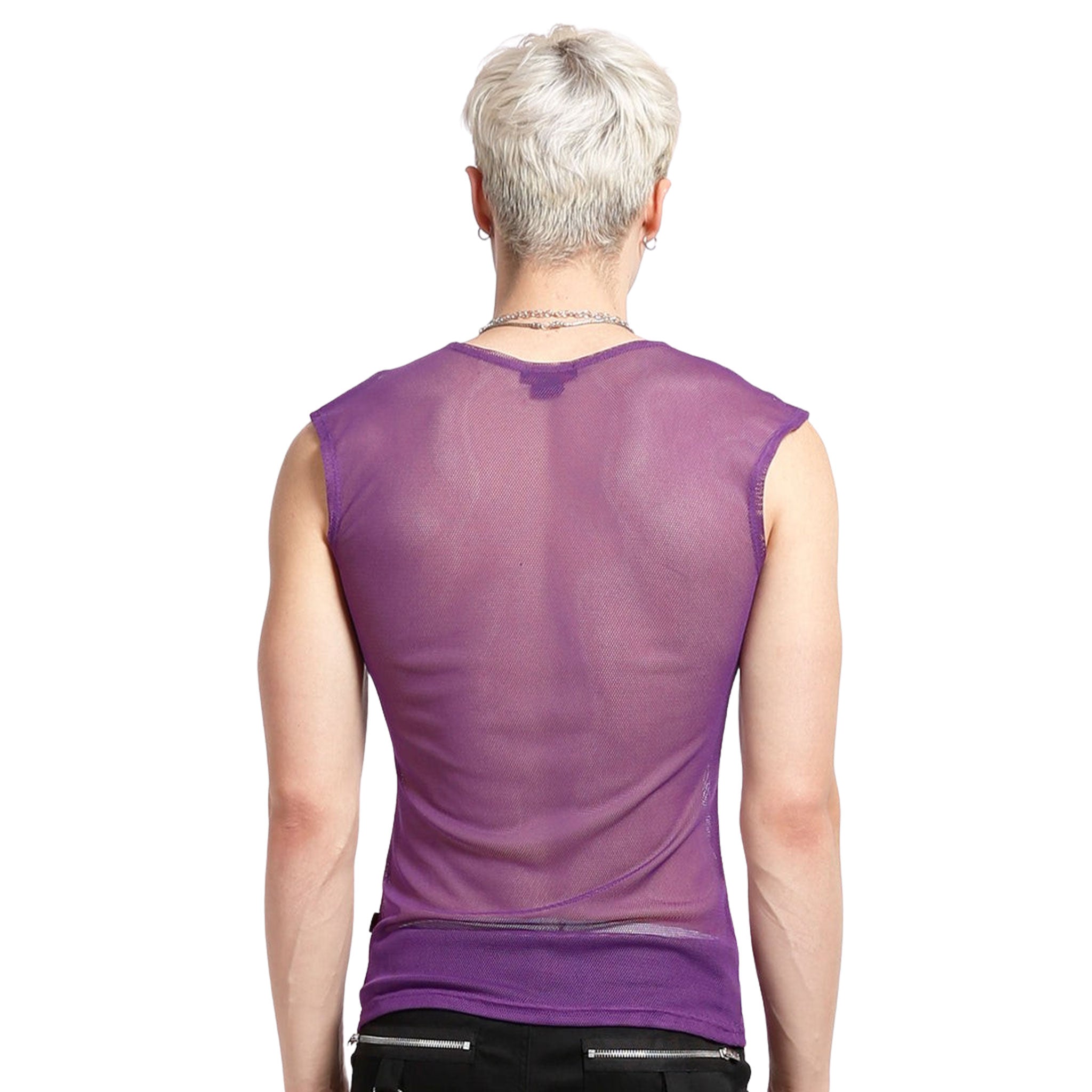 Nylon mesh sheer-mesh fishnet fish-net apparel tops shirt vest sleeveless stretchy soft classic fetish fashion alt-fashion alternative punk rocker goth gothic cyber cyberpunk clubbing clubwear festival festivalwear rave ravewear costume cosplay unisex purple