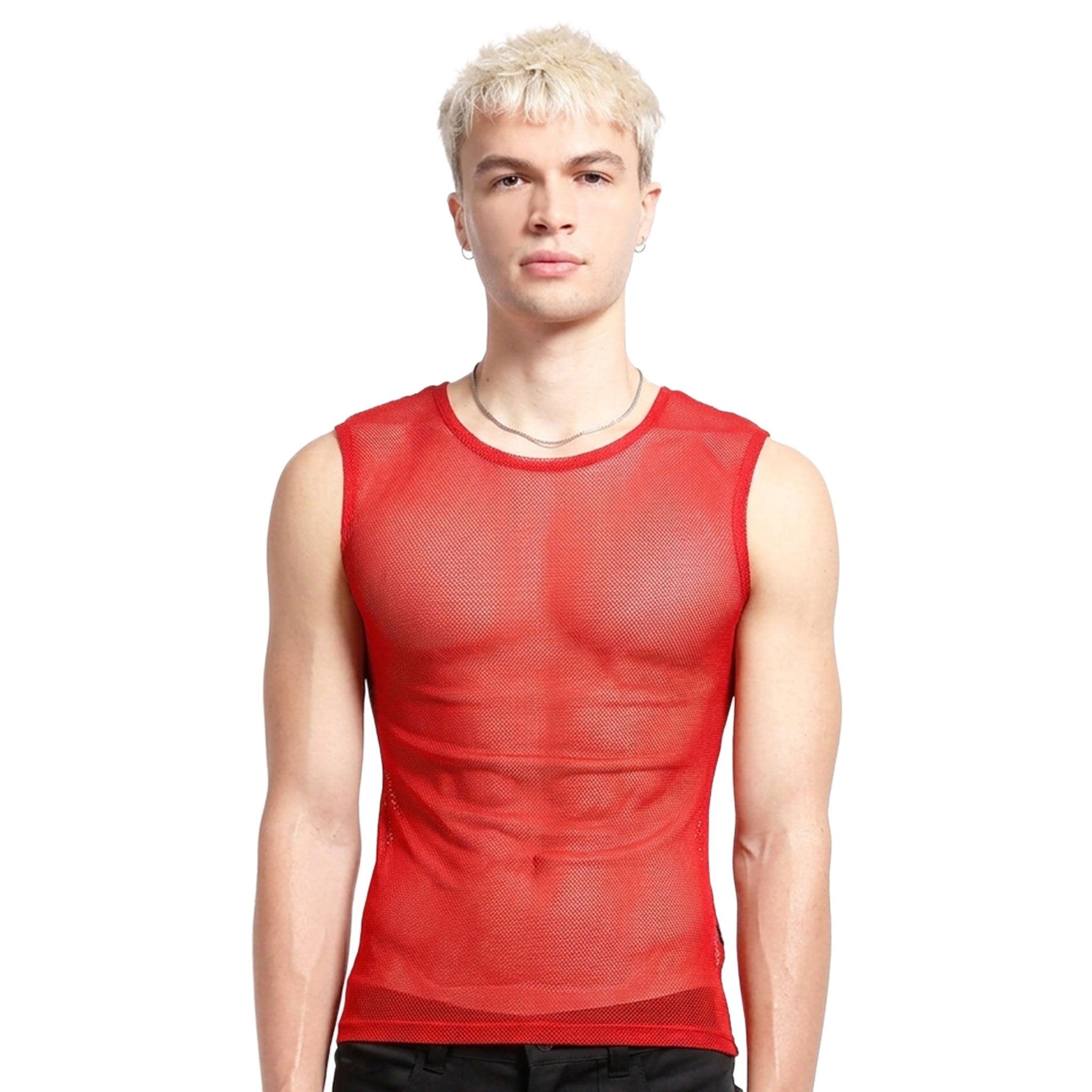 Nylon mesh sheer-mesh fishnet fish-net apparel tops shirt vest sleeveless stretchy soft classic fetish fashion alt-fashion alternative punk rocker goth gothic cyber cyberpunk clubbing clubwear festival festivalwear rave ravewear costume cosplay unisex red