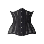 fishnet steel boned underbust corset, spiral steel waist trainer, lace-up corset with garter loops, curvy waist cincher, adjustable fishnet corset