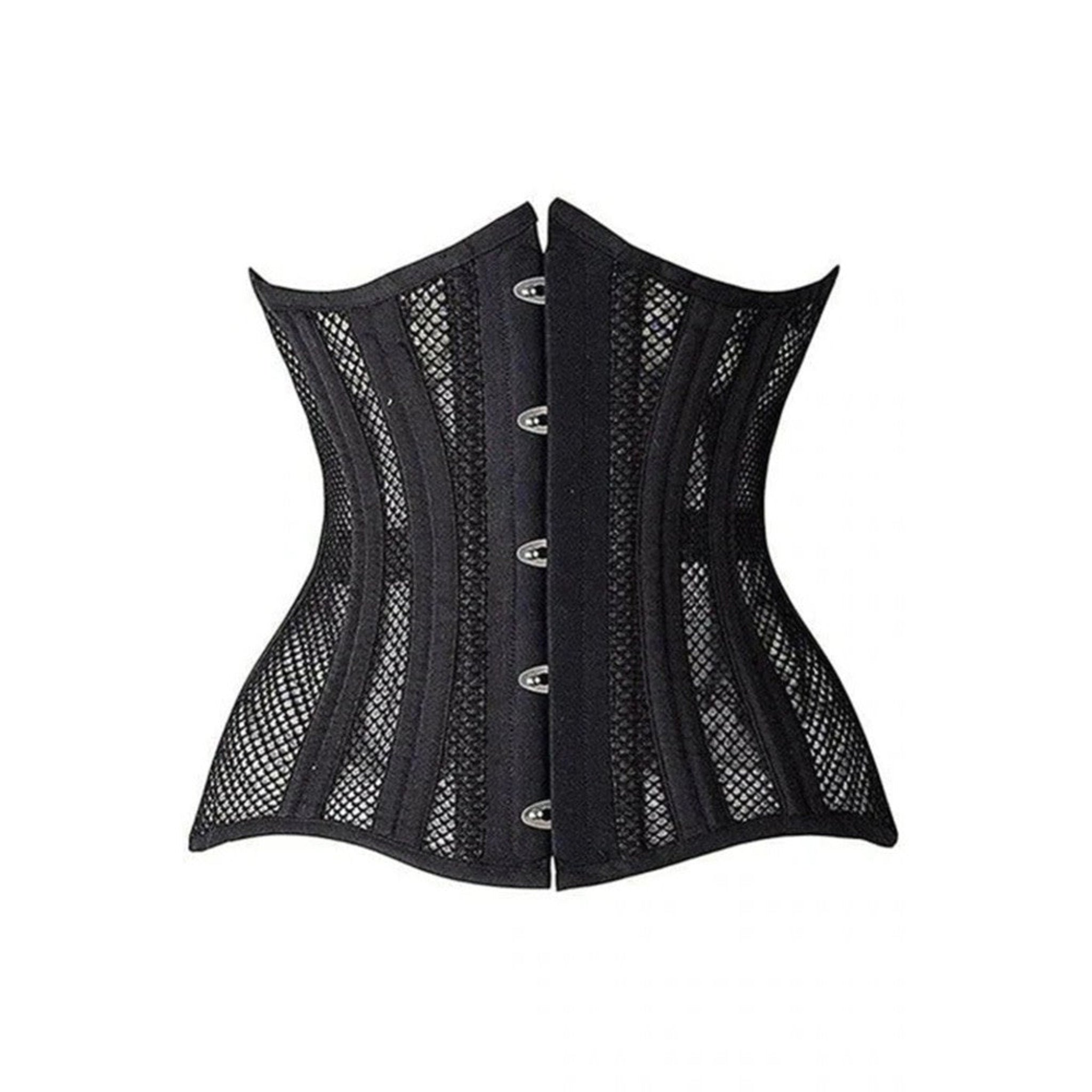 fishnet steel boned underbust corset, spiral steel waist trainer, lace-up corset with garter loops, curvy waist cincher, adjustable fishnet corset