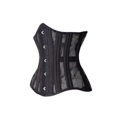 fishnet steel boned underbust corset, spiral steel waist trainer, lace-up corset with garter loops, curvy waist cincher, adjustable fishnet corset