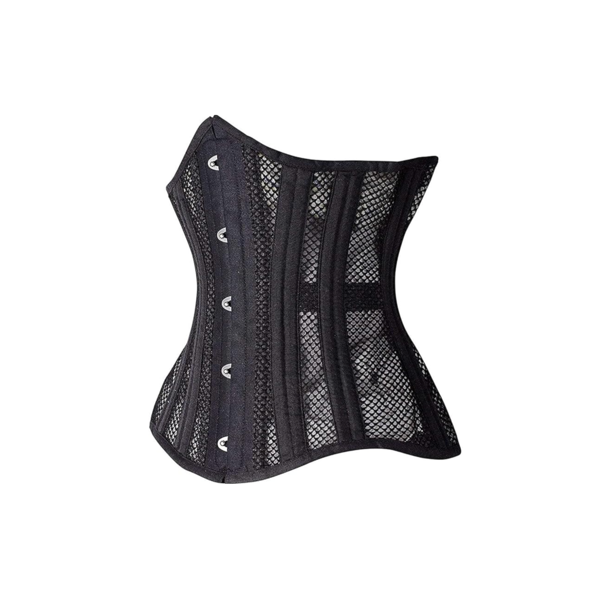 fishnet steel boned underbust corset, spiral steel waist trainer, lace-up corset with garter loops, curvy waist cincher, adjustable fishnet corset