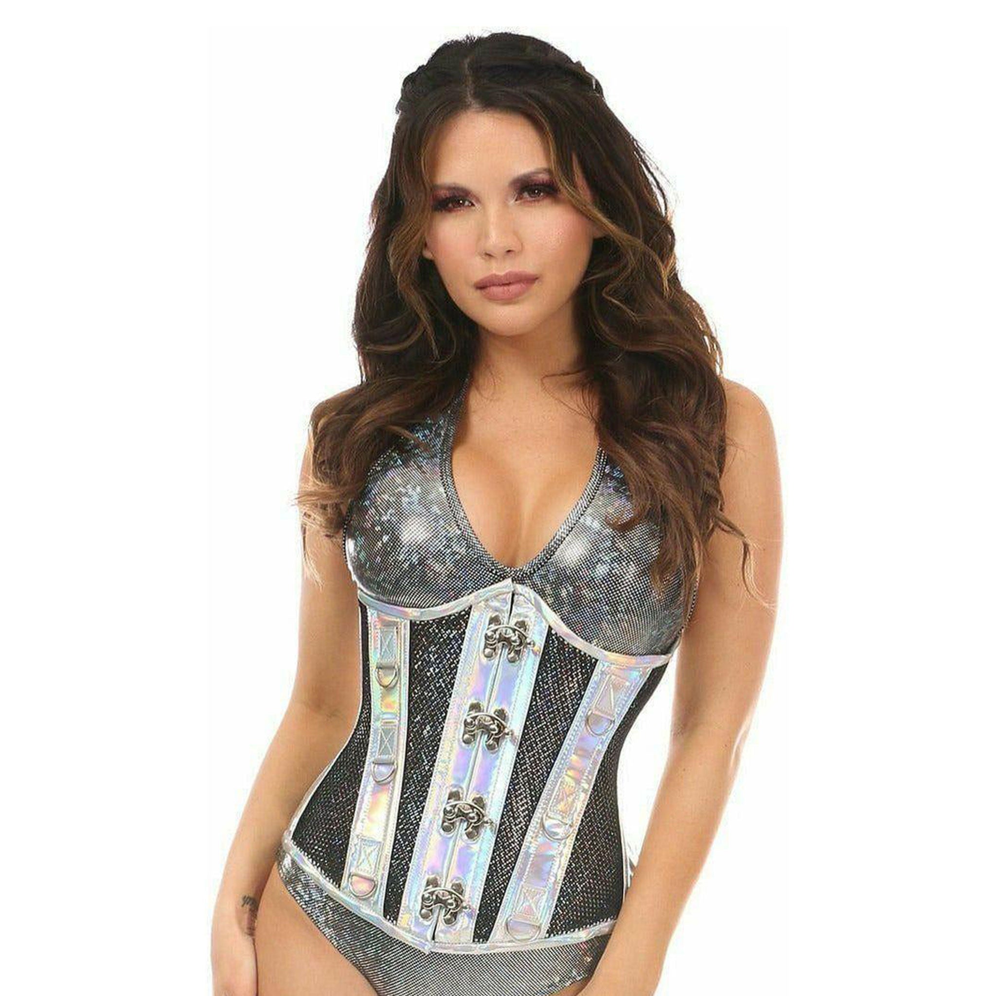 Cotton PVC vinyl polyester polyamide nylon tops corset cincher underbust steel-boned spiral-boned flat-boned front-clasp swing-hook swinghook adjustable laceup lace-up garter-loops back-lace modesty-panel fishnet fish-net panels cyber rave rave-wear ravewear festival pride female femme feminine women silver iridescent holographic