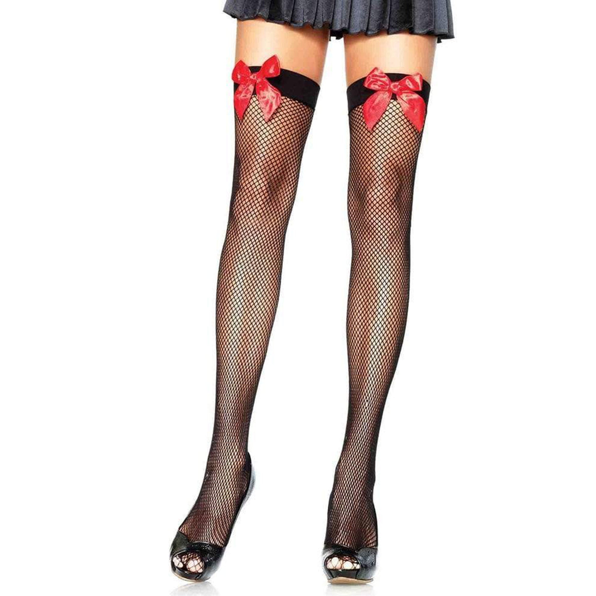 Nylon satin-bow sheer fishnet fish-net accessories intimates lingerie hosiery pantyhose stockings thigh-high adorable form-flattering cute fashion alt-fashion alternative festival costume cosplay halloween valentine be-mine gifts female femme feminine women black-red