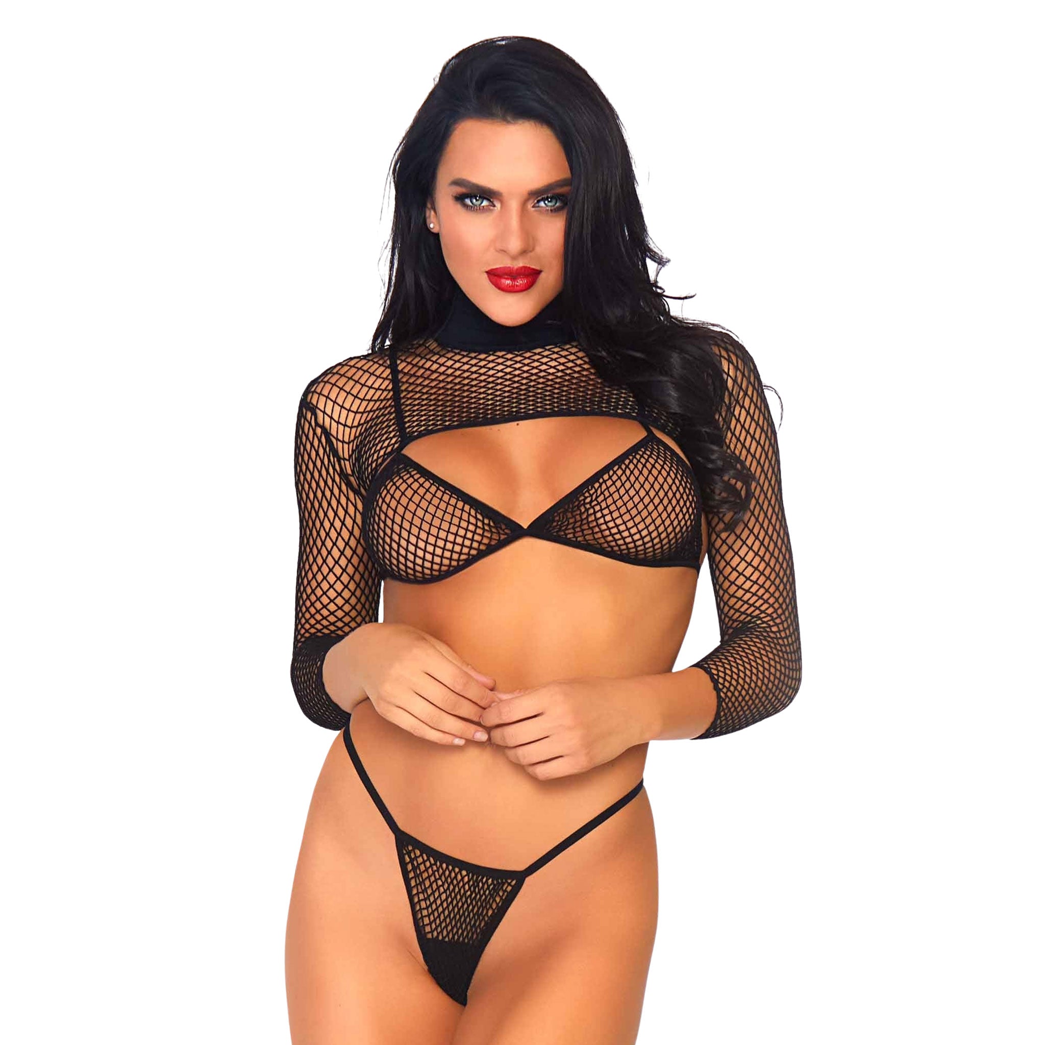 Nylon spandex fishnet fish-net industrial net intimates lingerie lingerie-set top bra bikini-bra bolero panty panties thong g-string gstring layering 3pc 3-pc 3-piece three-piece fetish fashion alt-fashion festival ravewear rave-wear clubwear club-wear dancer-wear dancerwear female femme feminine women wild daring playful sexy black