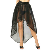 fishnet and vegan leather high-low skirt, seductive fashion skirt, clubwear fishnet skirt, back zipper vegan leather skirt, bold statement skirt