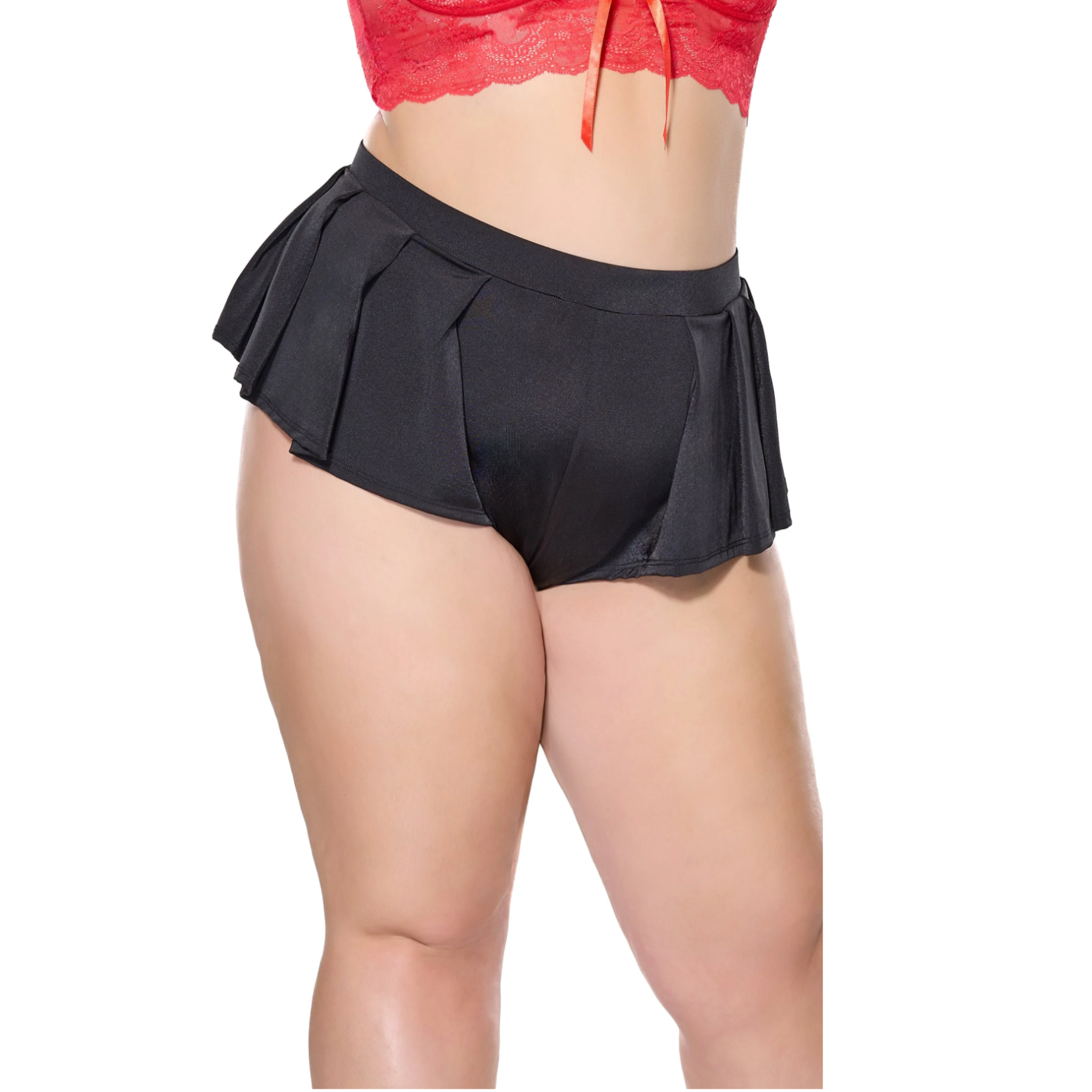 Black high-waisted booty shorts, pleated design, stretchy fabric, elasticized waist.