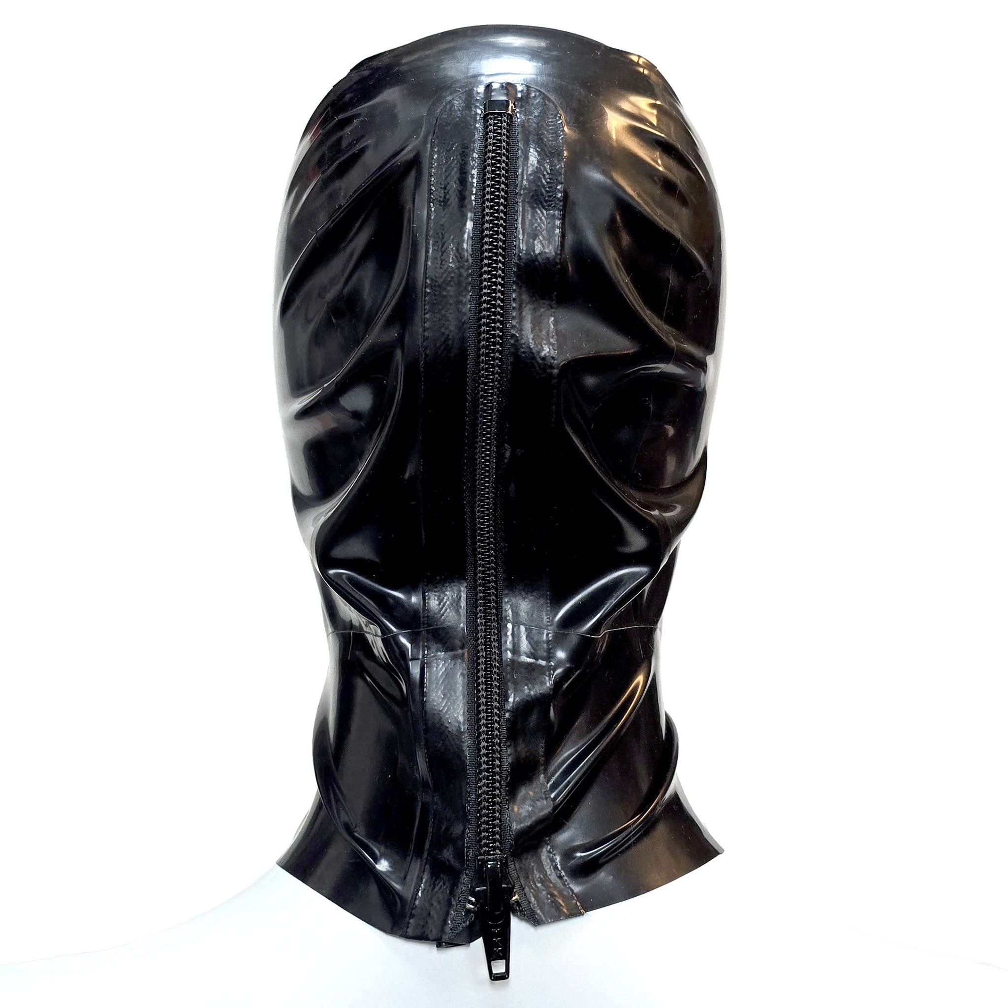 Latex rubber accessories hood latex-hood mask anatomical contrast-trim large-eyelashes flared-eyes makeup eye-makeup mascara zipper back-zip hair-shield shiny glossy sexy pretty beautiful fetish fashion alt-fashion alternative goth gothic cyber cyberpunk festival rave bondage bdsm bdsm-gear bdsm-toys bdsm-fashion kink kinky kinkwear costume cosplay halloween unisex black-red black-white