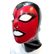 Latex rubber accessories hood latex-hood mask anatomical contrast-trim large-eyelashes flared-eyes makeup eye-makeup mascara zipper back-zip hair-shield shiny glossy sexy pretty beautiful fetish fashion alt-fashion alternative goth gothic cyber cyberpunk festival rave bondage bdsm bdsm-gear bdsm-toys bdsm-fashion kink kinky kinkwear costume cosplay halloween unisex black-red