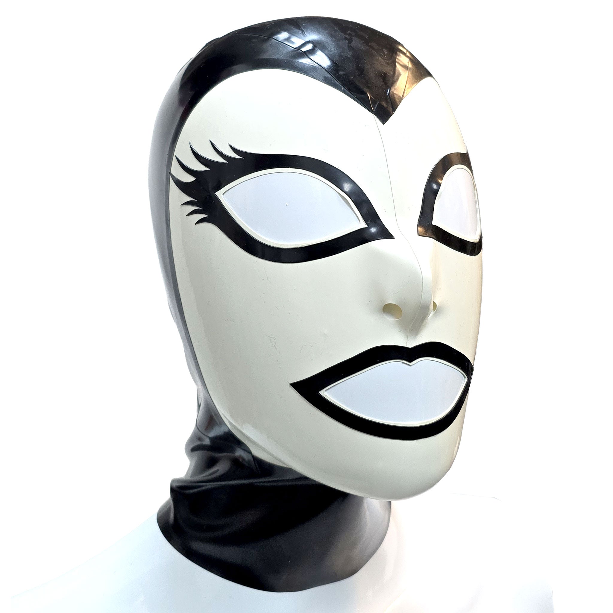 Latex rubber accessories hood latex-hood mask anatomical contrast-trim large-eyelashes flared-eyes makeup eye-makeup mascara zipper back-zip hair-shield shiny glossy sexy pretty beautiful fetish fashion alt-fashion alternative goth gothic cyber cyberpunk festival rave bondage bdsm bdsm-gear bdsm-toys bdsm-fashion kink kinky kinkwear costume cosplay halloween unisex black-white 