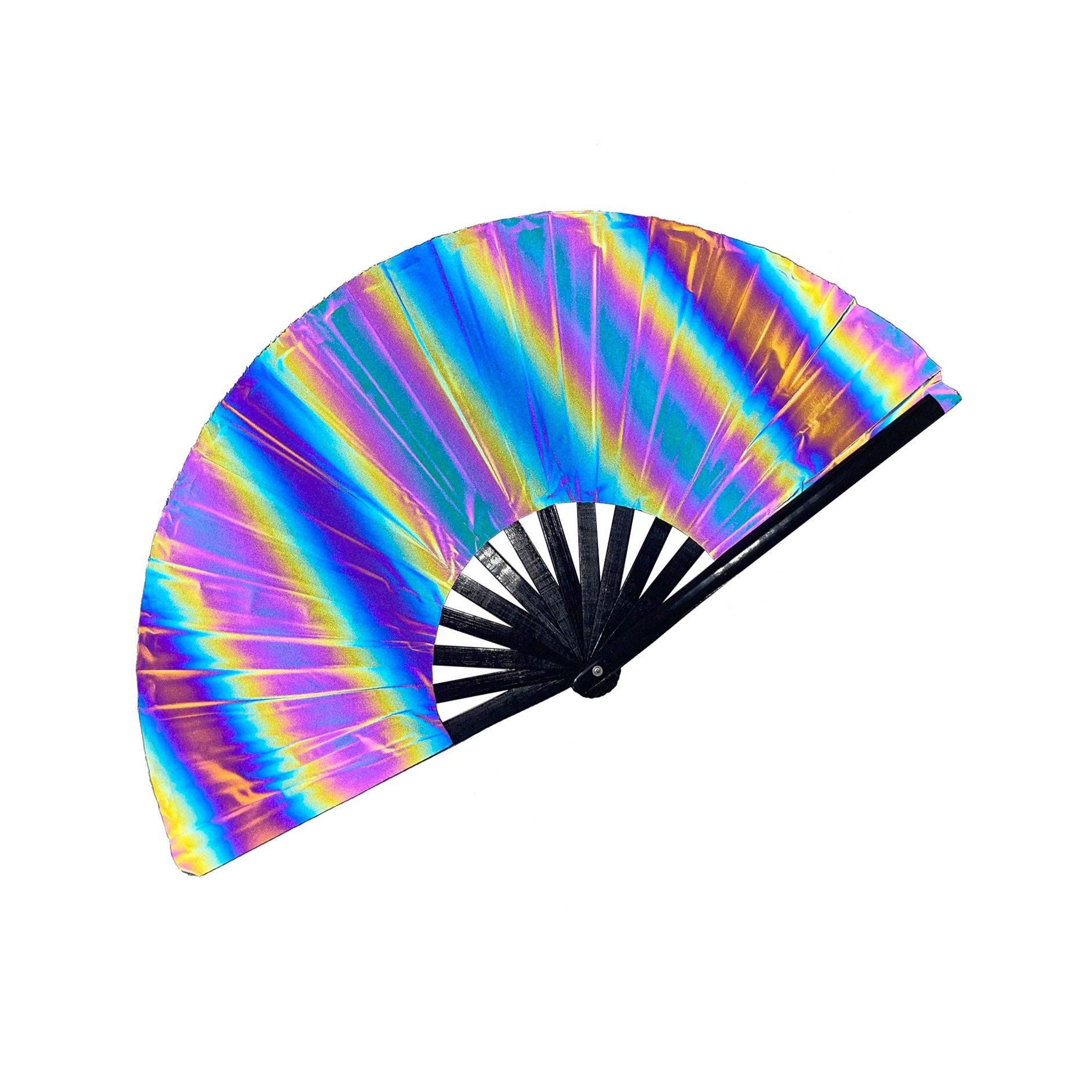 Polyester polyester-fabric wood bamboo stainless-steel accessories fan personal-fan folding-fan wooden-ribs bamboo-ribs fan-ribs steel-rivet reflective durable folding collapsible fetish fashion alt-fashion alternative cyber cyberpunk rave raver-girl festival party gifts costume cosplay halloween adult-toys unisex rainbow