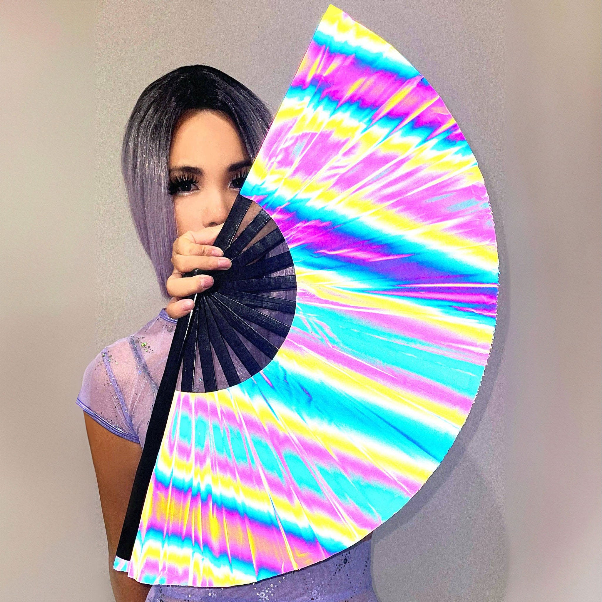 Polyester polyester-fabric wood bamboo stainless-steel accessories fan personal-fan folding-fan wooden-ribs bamboo-ribs fan-ribs steel-rivet reflective durable folding collapsible fetish fashion alt-fashion alternative cyber cyberpunk rave raver-girl festival party gifts costume cosplay halloween adult-toys unisex rainbow