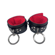 Leather latigo-leather genuine-leather fleece cotton-fleece accessories restraints cuffs wrist wristcuffs dual-layered fleece-lining fur-lining adjustable buckle jingle D-ring O-ring reinforced triple-reinforced durable soft luxury jingling fetish fashion alt-fashion bondage bdsm bdsm-fashion bdsm-gear restraints kink kinky kinky-gear kinkwear kinky-play adult-toys unisex black red