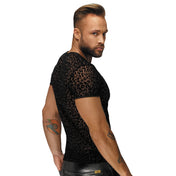 Mesh sheer transparent seethru see-thru see-through apparel top shirt t-shirt tshirt tee tee-shirt V-neck short-sleeve velvet-flocking animal-print pullover pull-over comfortable wild stretchy fetish fashion alt-fashion alternative club clubwear rave ravewear kink kinky kinkwear leopard male masculine masc mens guys dudes noir black