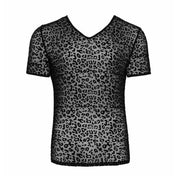 Mesh sheer transparent seethru see-thru see-through apparel top shirt t-shirt tshirt tee tee-shirt V-neck short-sleeve velvet-flocking animal-print pullover pull-over comfortable wild stretchy fetish fashion alt-fashion alternative club clubwear rave ravewear kink kinky kinkwear leopard male masculine masc mens guys dudes noir black