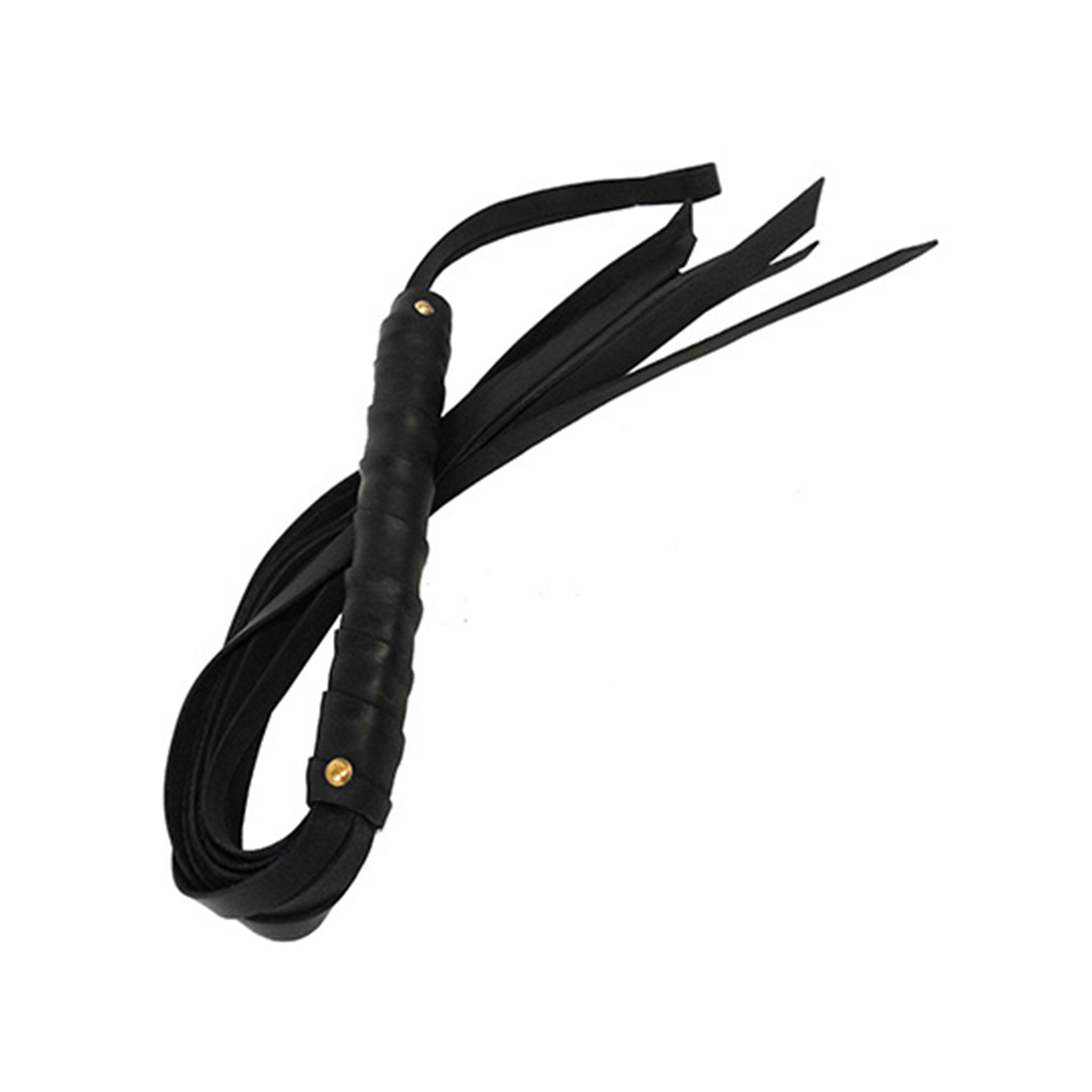 Leather whip flogger flail wrapped wooden grip thwack spank spanking metallic accent bondage bdsm sadism masochism sadomasochism impact impact-toys impact-play kink kinky kinky-play adult-toys black gold