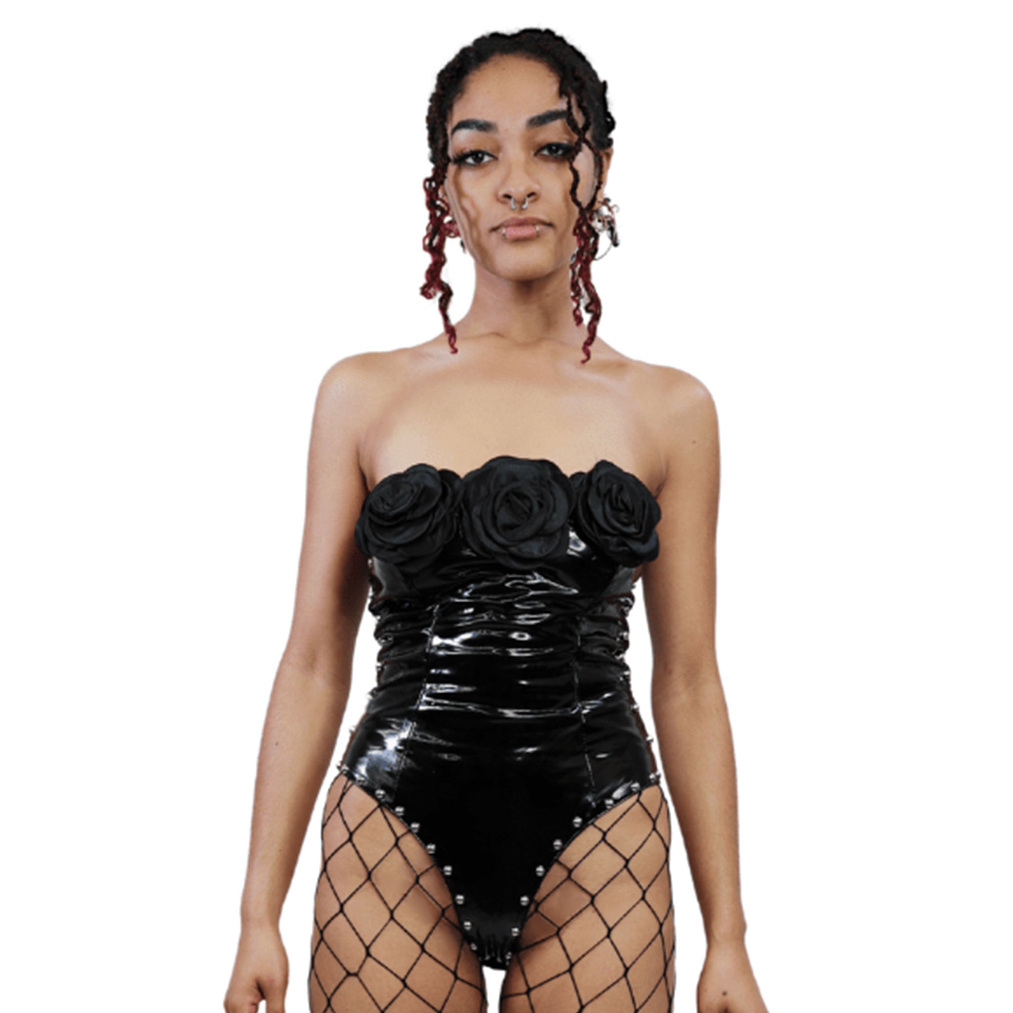 PVC vinyl polyester PU faux-leather patent-leather apparel tops one-piece onesie bodysuit sleeveless strapless cleavage roses big-roses studs studded dome-studs zipper back-zip hidden-zip half-zip high-leg snap-crotch snap-button shiny glossy unique edgy fetish fashion alt-fashion alternative punk goth gothic goth-doll rock pop-star costume cosplay halloween halloween-costumes female femme feminine womens black