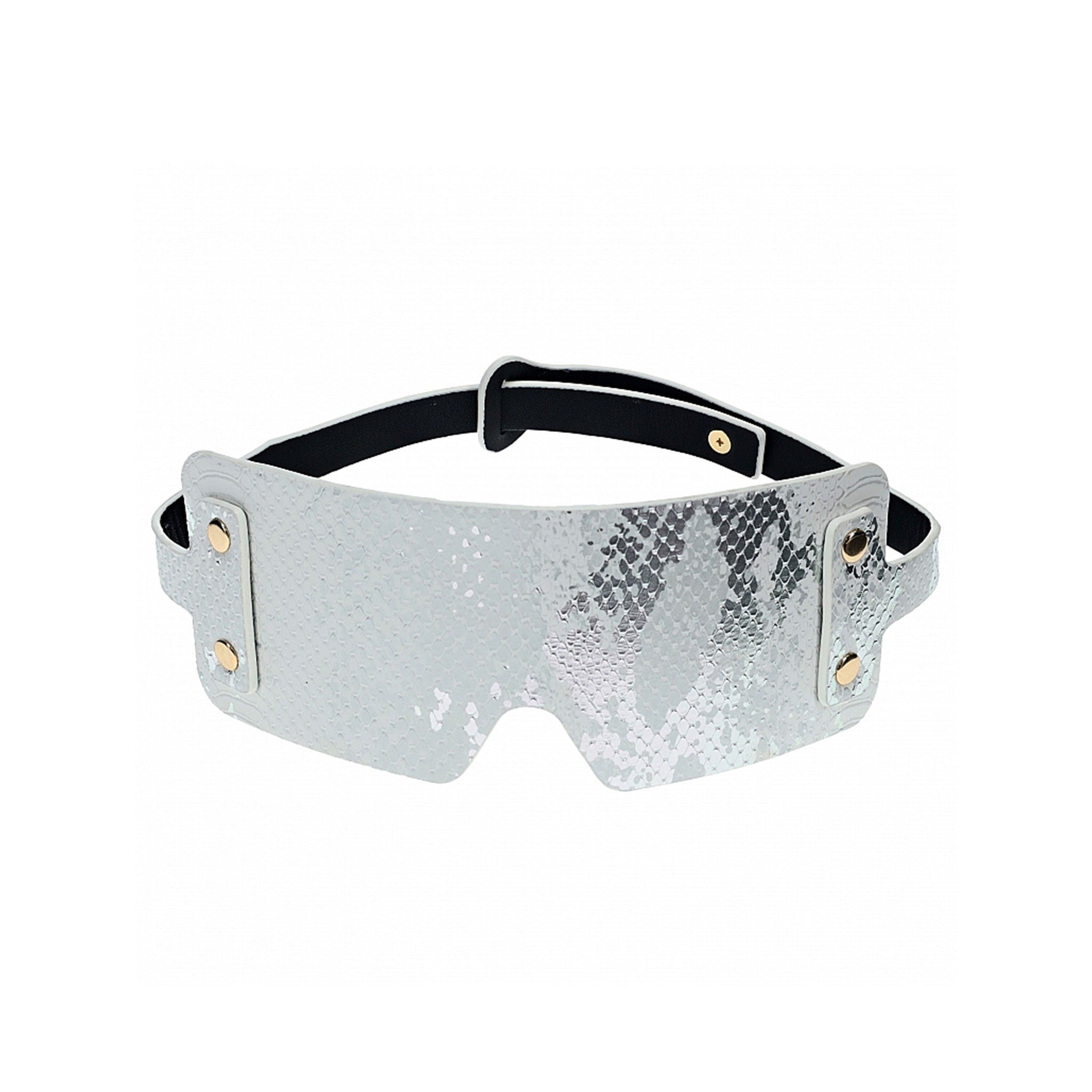 PU PVC vinyl iron zinc-alloy accessories blindfold eye-mask square anchor-buckle anchor-plate adjustable snake-print serpent snake reptile animal pet-play sexy bdsm bondage bdsm-toys kink kinky kinky-play sensory-play sensation unisex white silver iridescent
