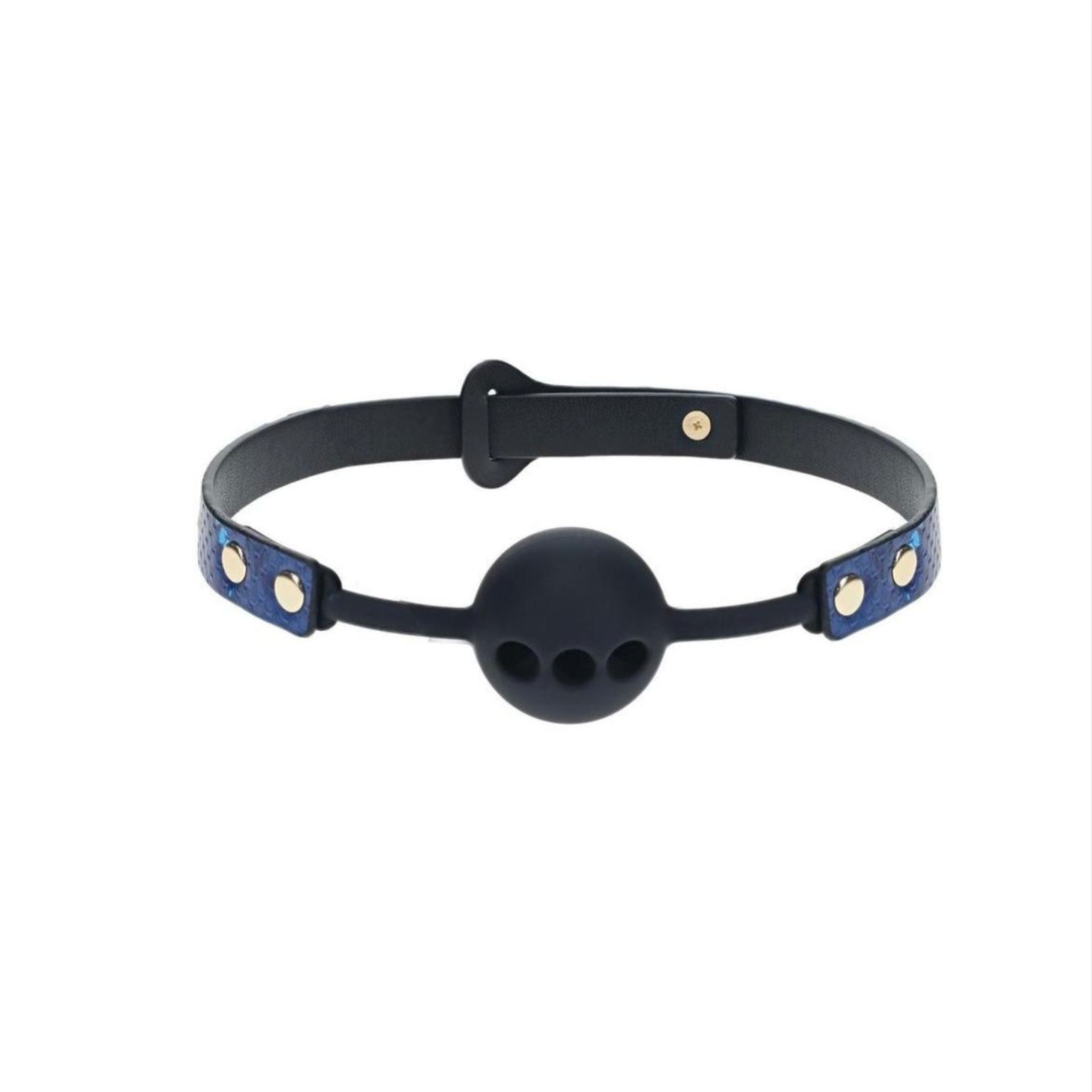 Blue croc ball gag, silicone breathable BDSM gag, adjustable blue silicone gag, iridescent hardware ball gag, blue bondage gag, Fetish Factory BDSM ball gag, Florence croc adjustable gag, breathable silicone ball gag, high-fashion bondage gag, blue croc BDSM gag.