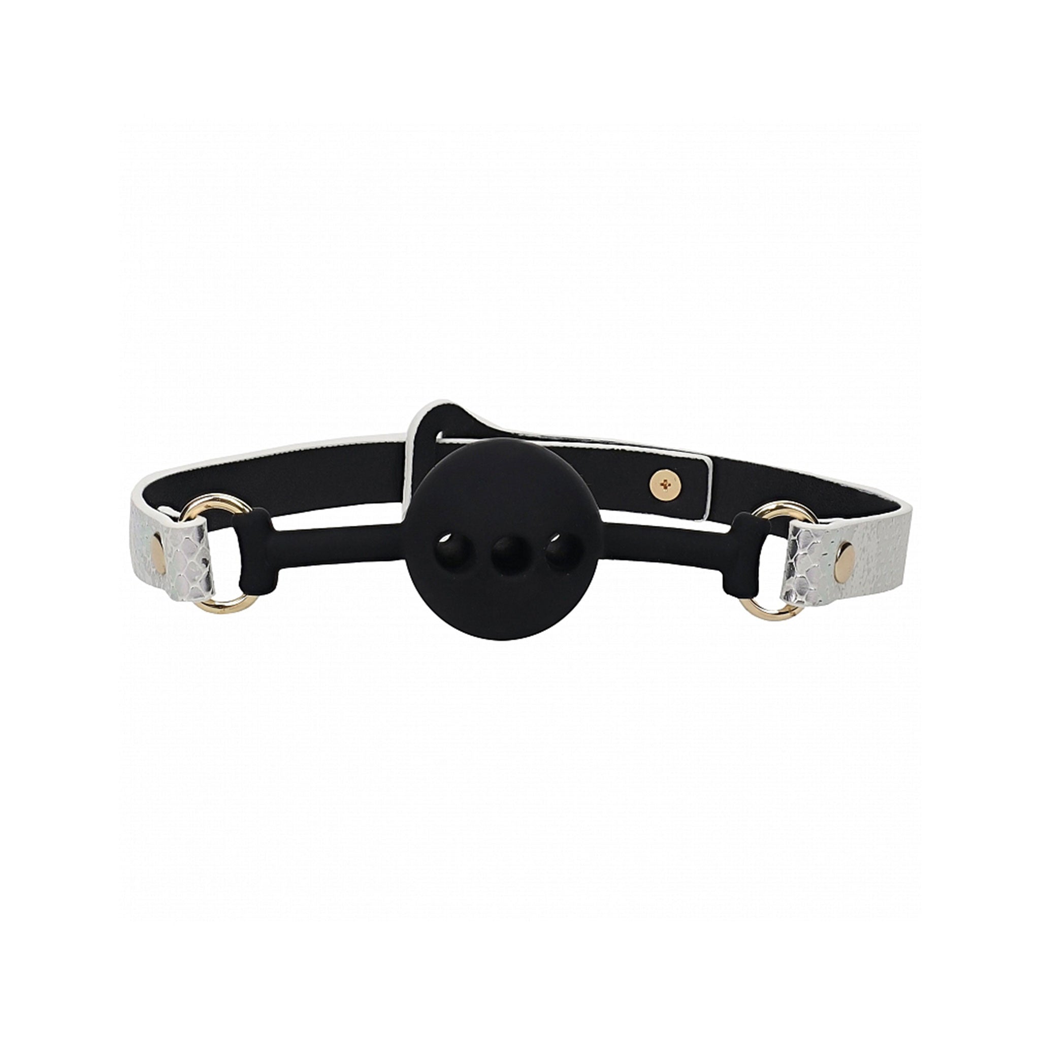 Leather PU-leather PVC zinc-alloy iron silicone accessories gag mouth-gag ball-gag ventilated breathable adjustable textured embossed scaly scales croc crocodile pattern silence silencing pleasure fetish fashion alt-fashion high-fashion bdsm bondage submission sub submissive adult-toys white iridescent 