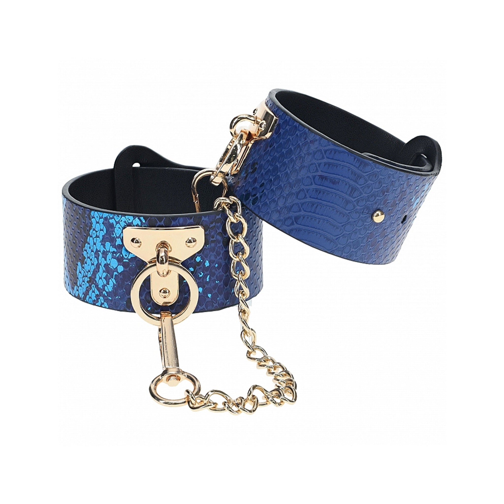 Leather bonded PU PVC metallic zinc-alloy iron cuffs ankle ankle-cuffs restraints restraint matte croc crocodile reptile scaly scale pattern bondage bdsm bdsm-gear adult-toys blue