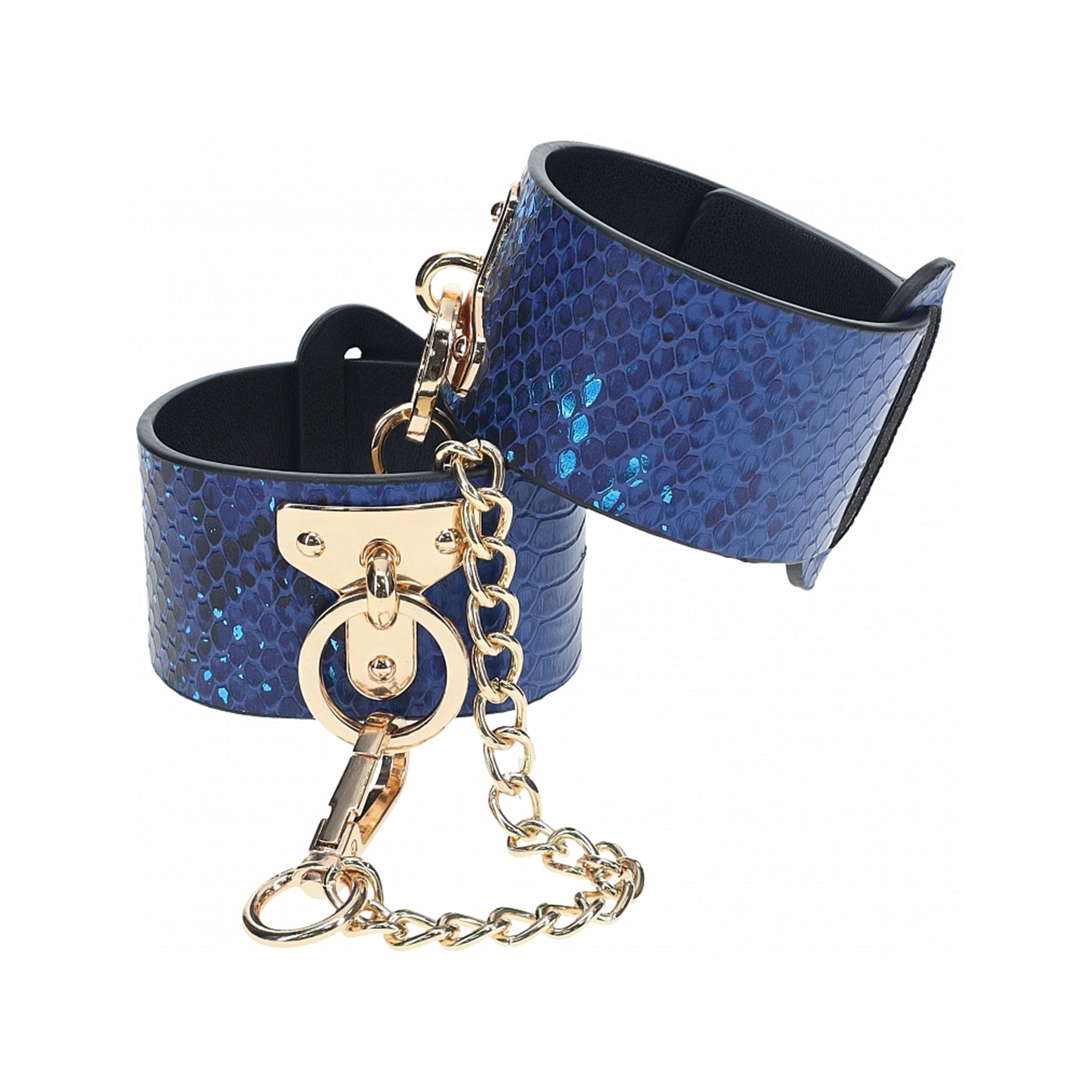 Leather bonded PU PVC matte metallic zinc-alloy iron cuffs handcuffs wrist wrist-cuffs wristcuffs restraints restraint locking croc crocodile reptile pattern scaly scales bondage bdsm kink kinky bdsm-gear adult-toys blue