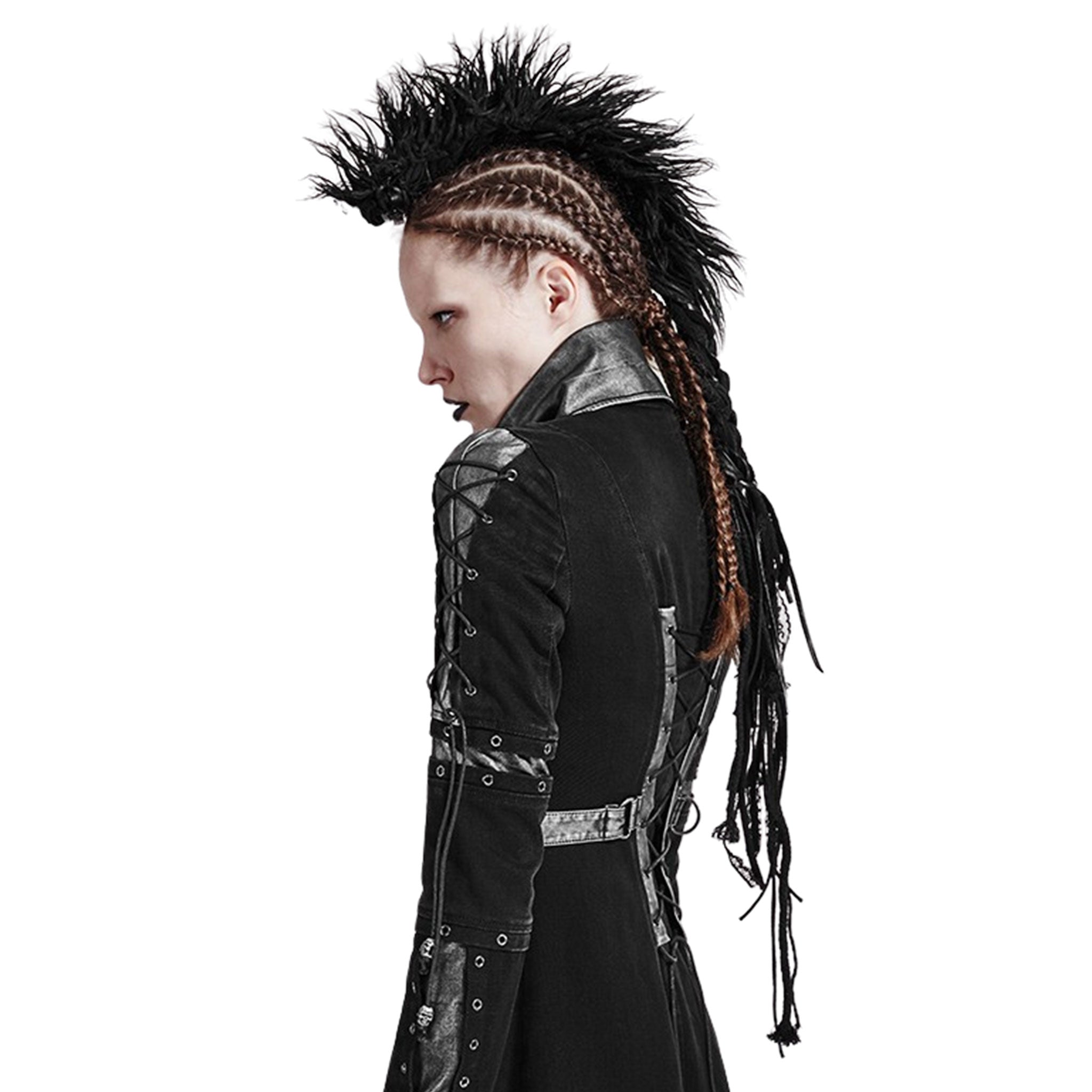 Cotton Spandex metallic-hardware lace textiles synthetic textiles accessories hair hair-clip hair-extension mohawk-design braided-mohawk fluffy audacious dark alluring allure playful charm charming rebellious rebellion rebel badass fetish fashion alt-fashion goth gothic goth-doll punk cyber cyberpunk cyber-punk costume cosplay halloween unisex black 